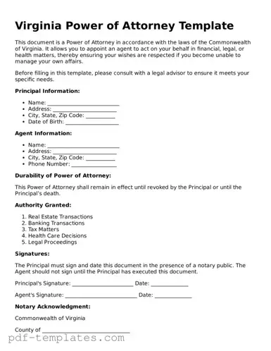 Official Power of Attorney Template for Virginia State