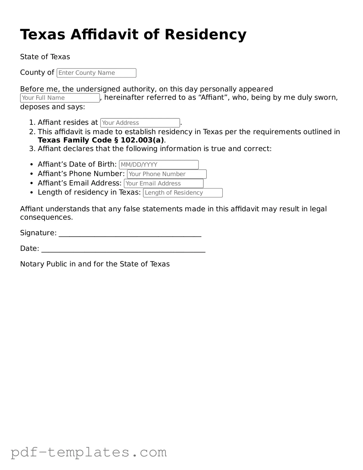 Official Affidavit of Residency Template for Texas State