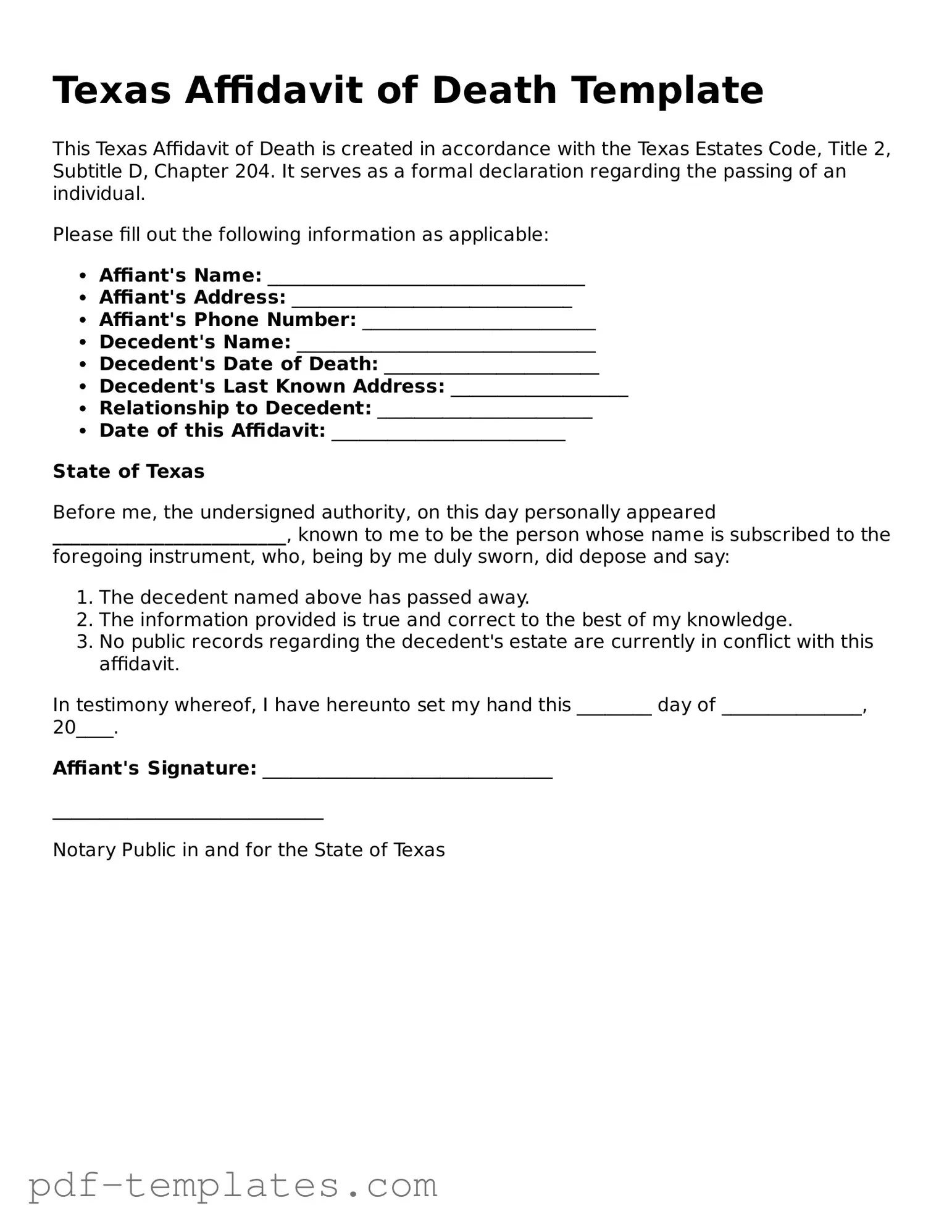 Official Affidavit of Death Template for Texas State