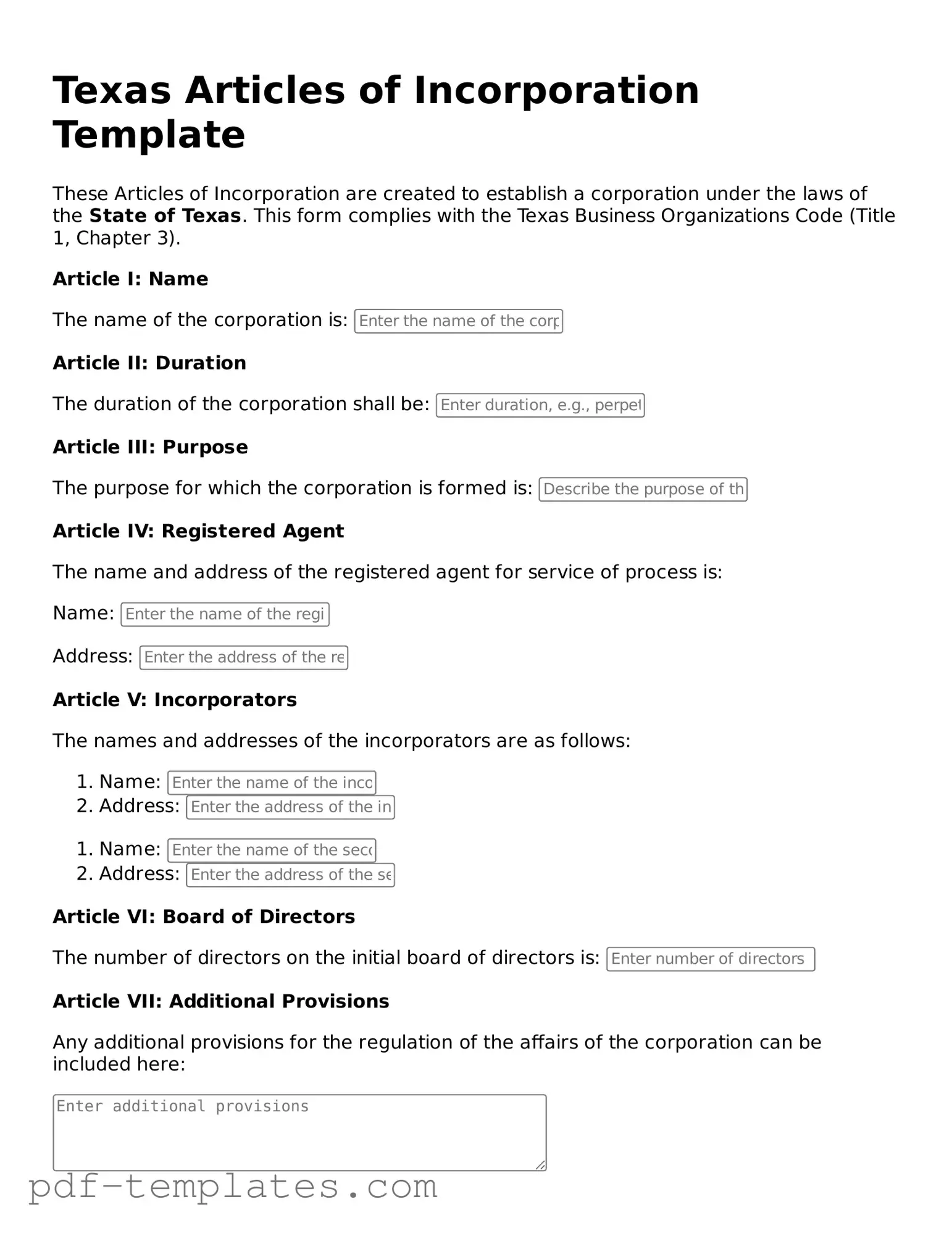 Official Articles of Incorporation Template for Texas State