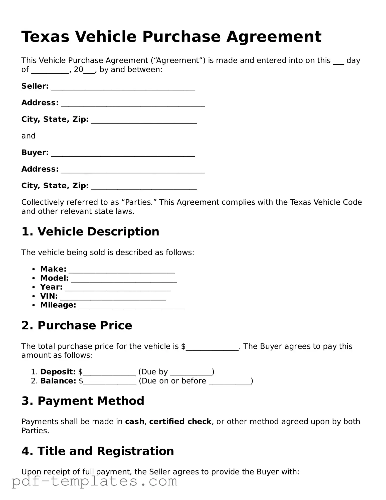 Official Vehicle Purchase Agreement Template for Texas State