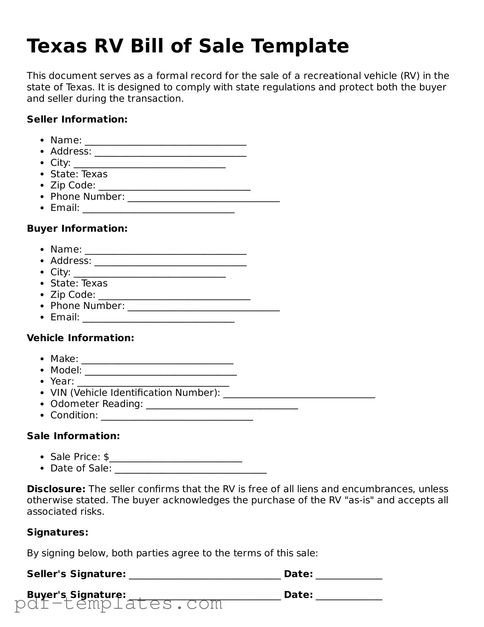 Official RV Bill of Sale Template for Texas State