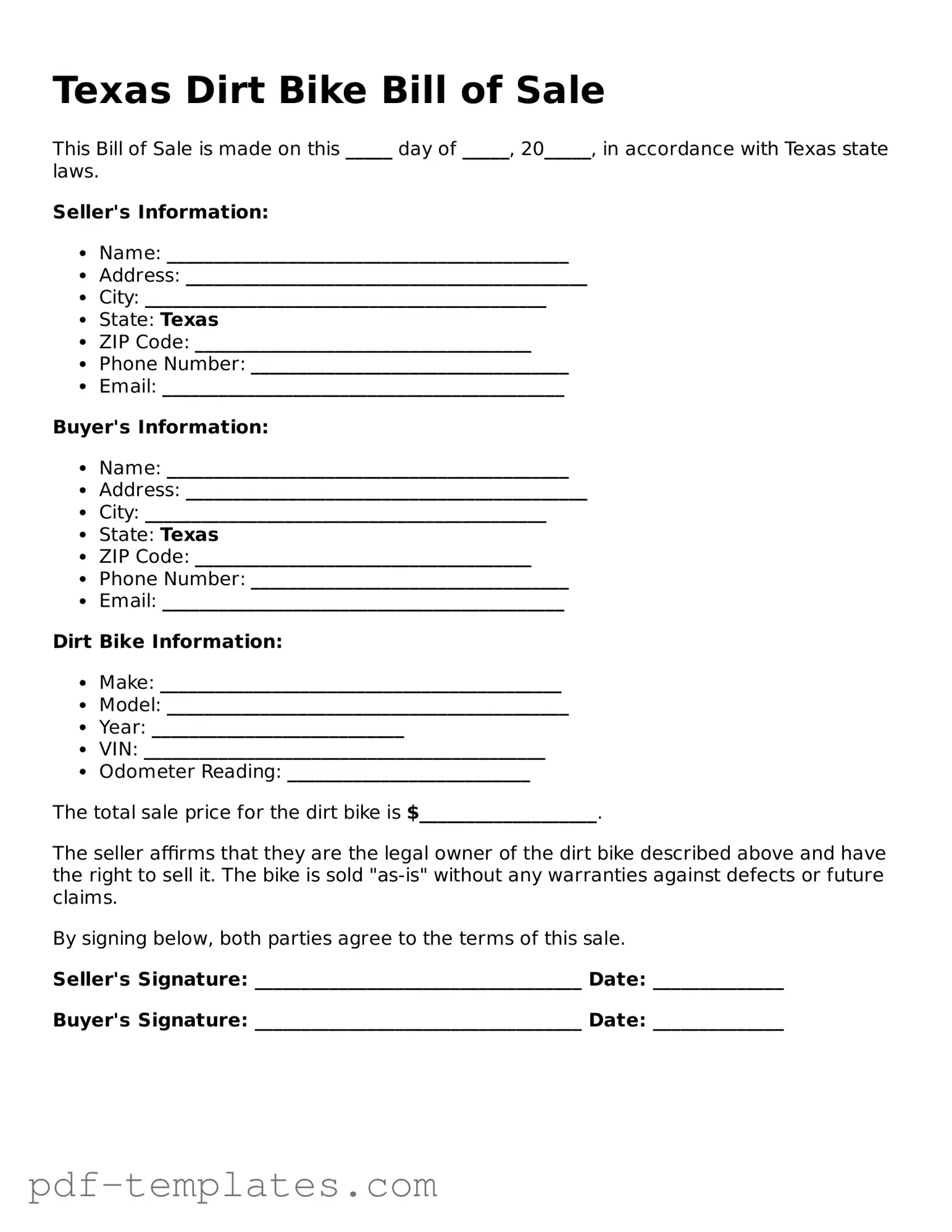 Official Dirt Bike Bill of Sale Template for Texas State
