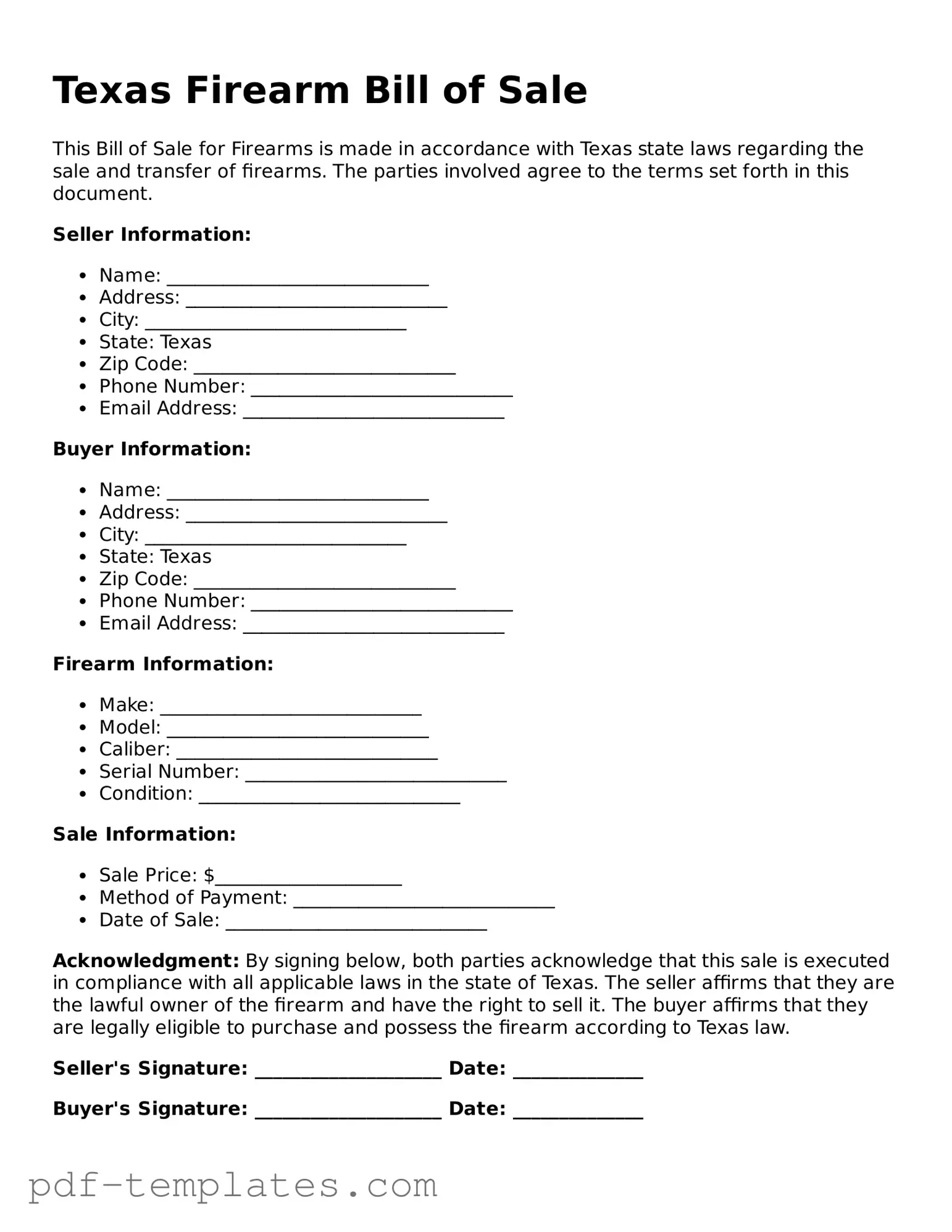 Official Firearm Bill of Sale Template for Texas State