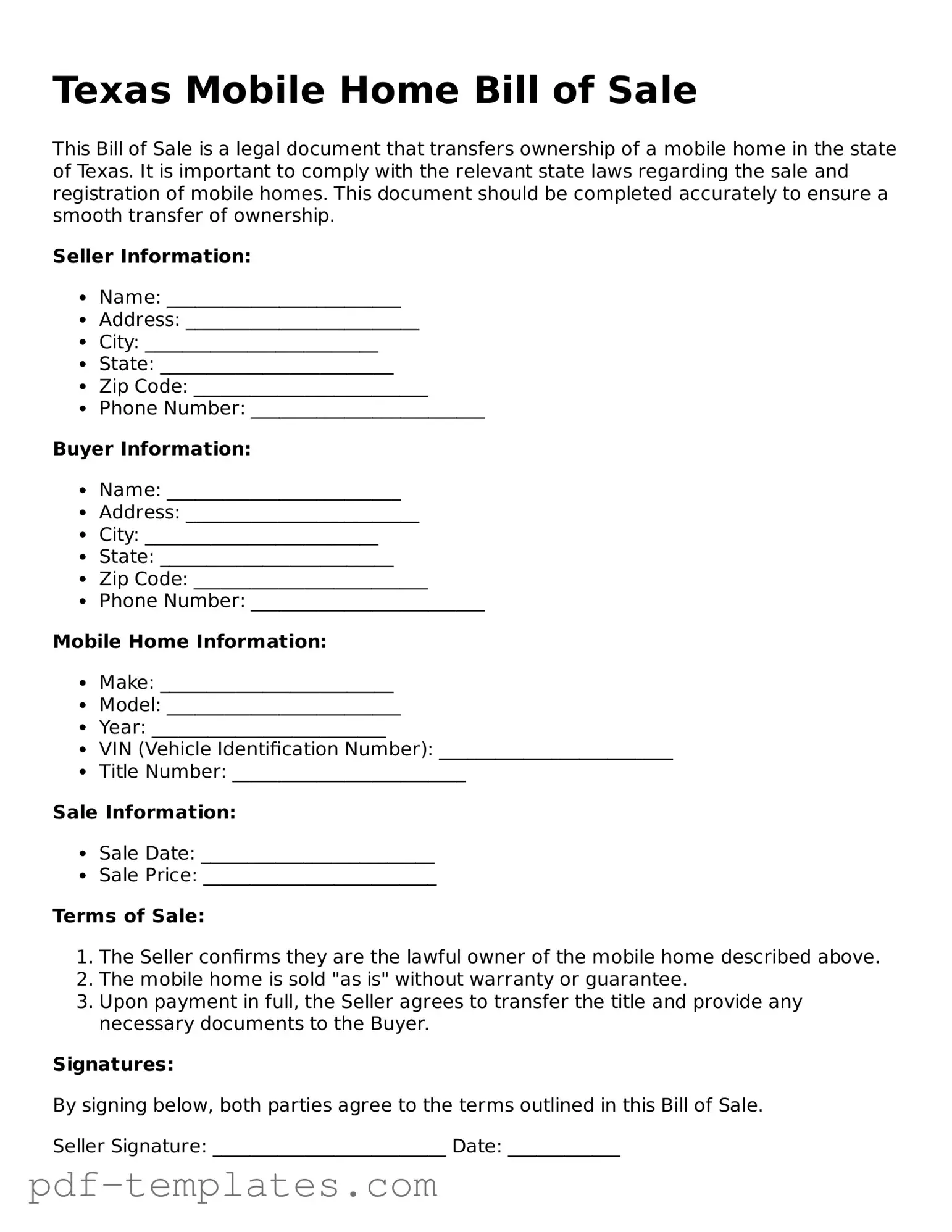 Official Mobile Home Bill of Sale Template for Texas State
