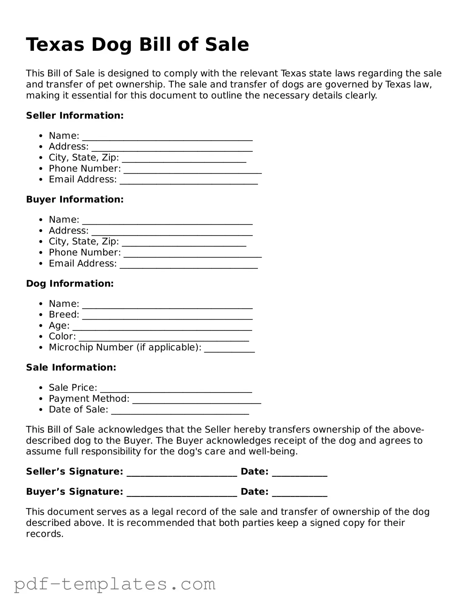 Official Dog Bill of Sale Template for Texas State