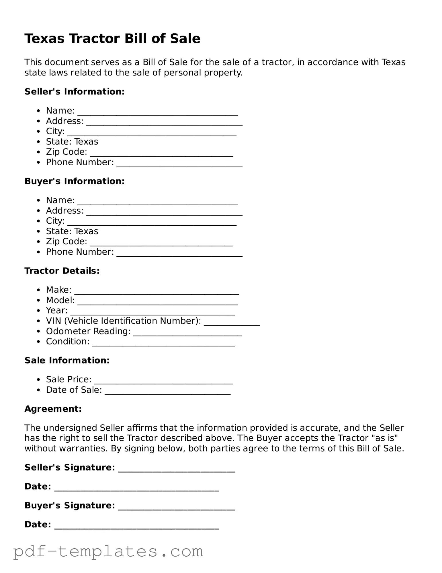 Official Tractor Bill of Sale Template for Texas State