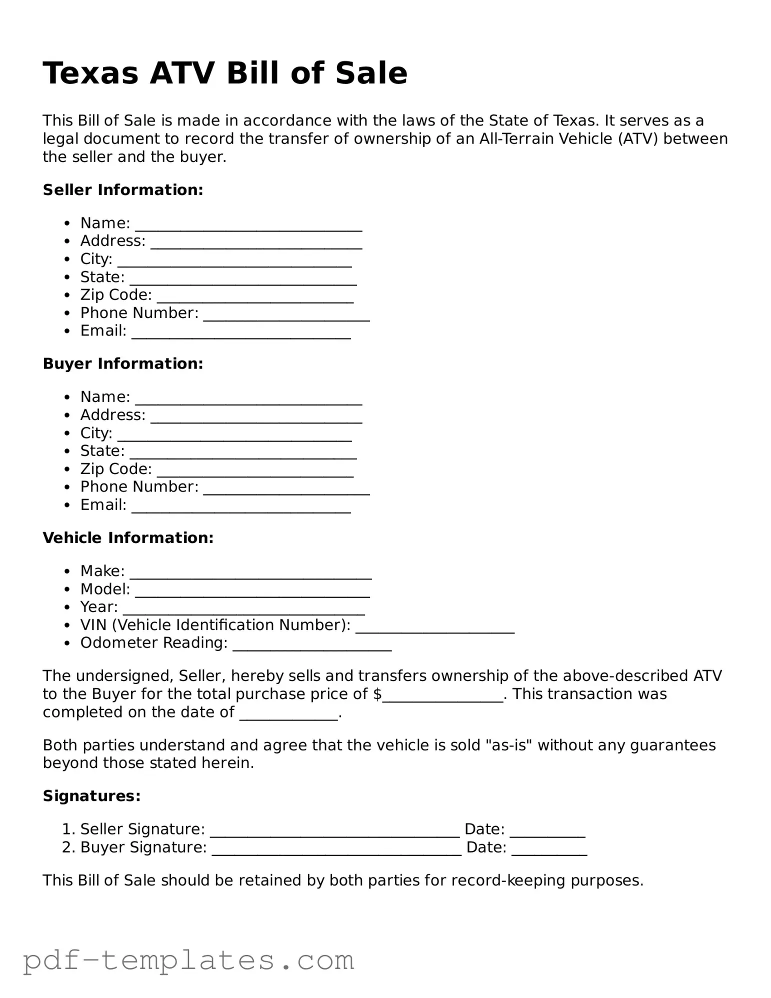 Official ATV Bill of Sale Template for Texas State