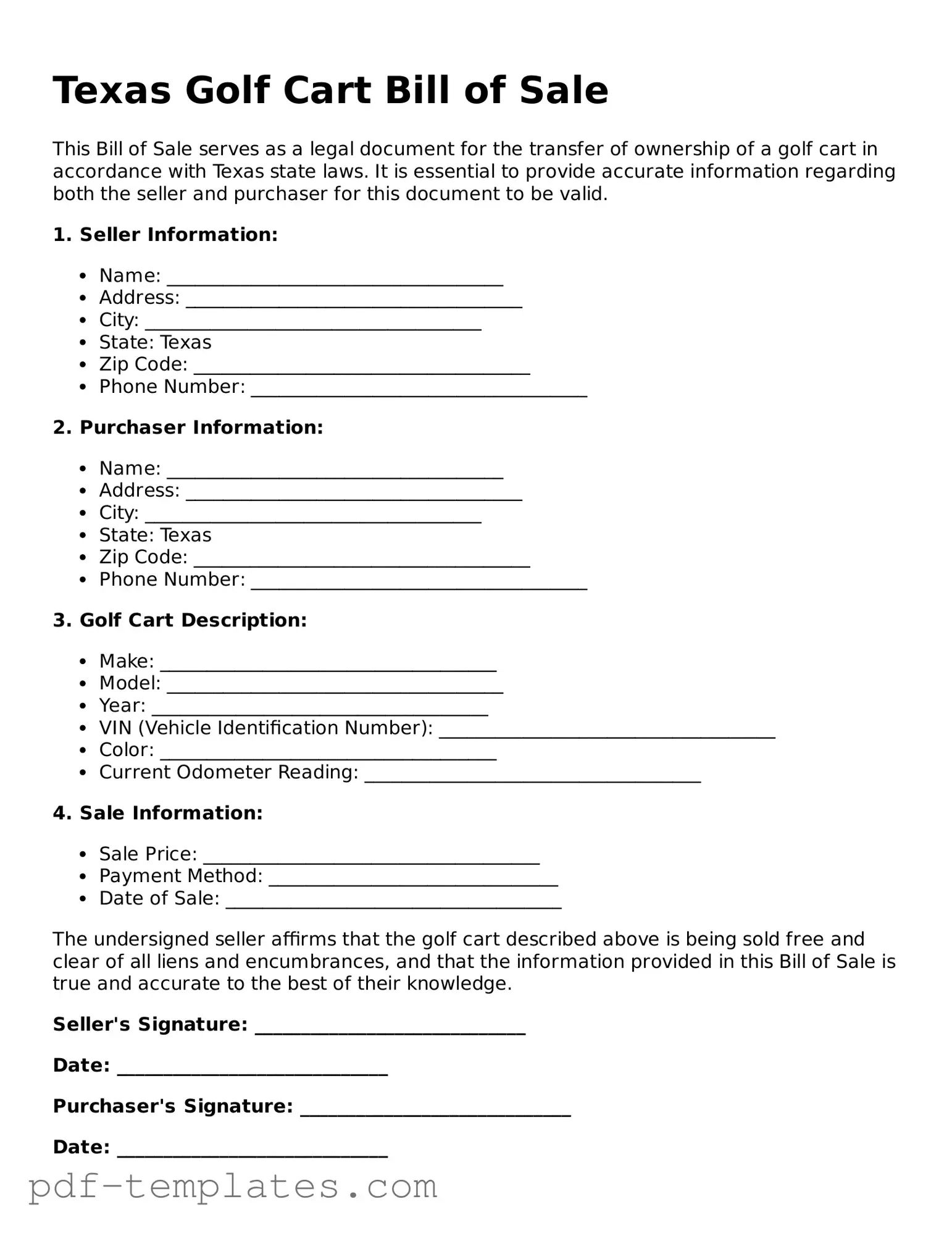 Official Golf Cart Bill of Sale Template for Texas State