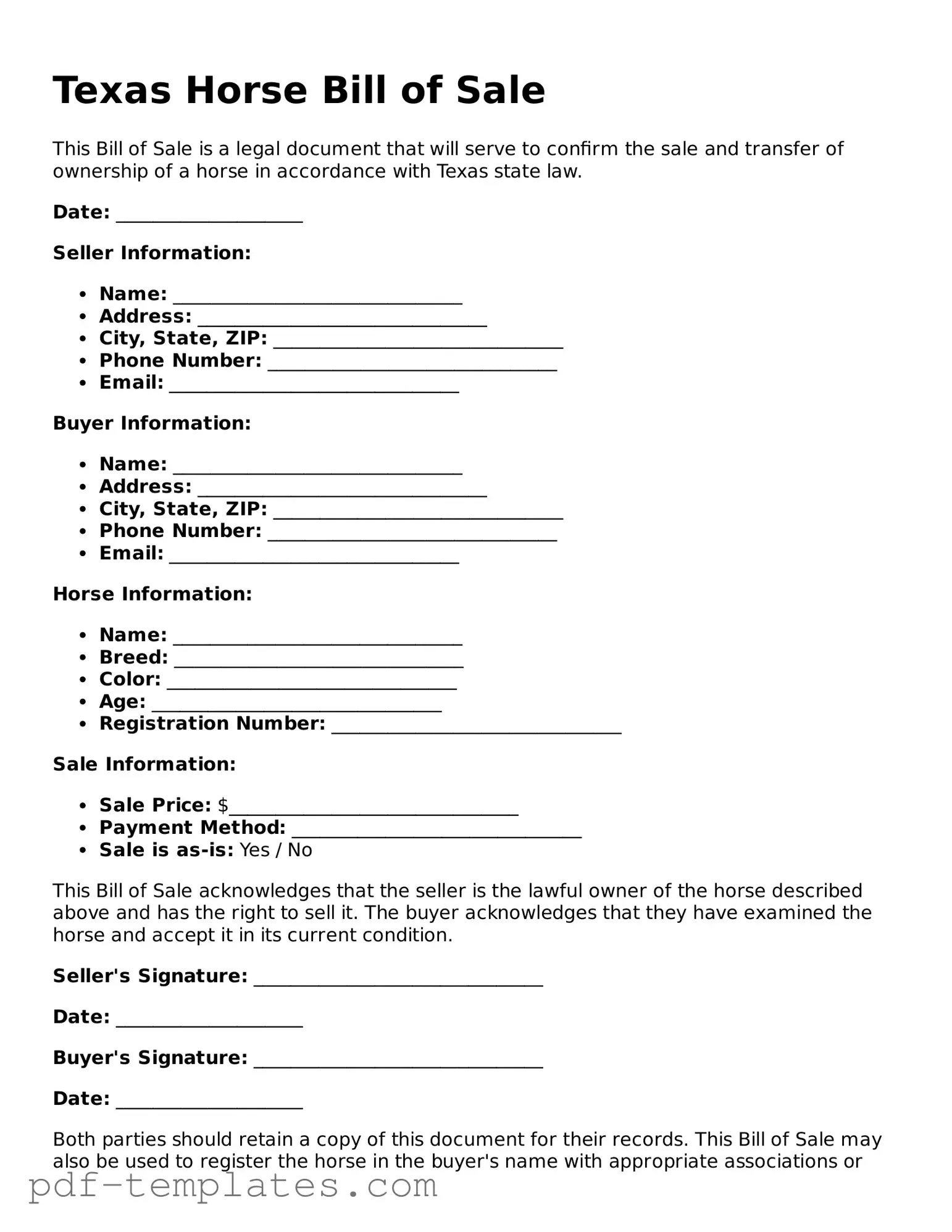 Official Horse Bill of Sale Template for Texas State
