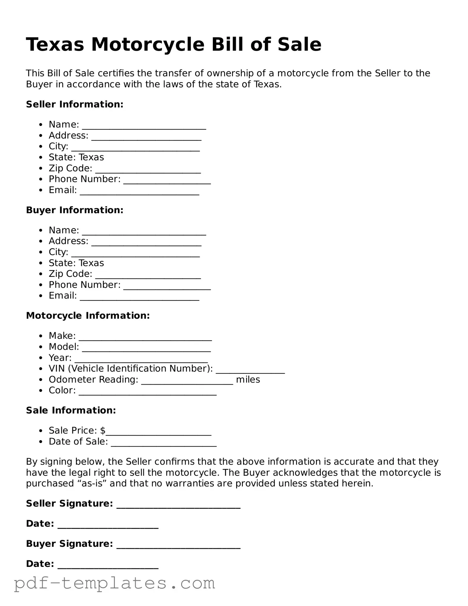 Official Motorcycle Bill of Sale Template for Texas State