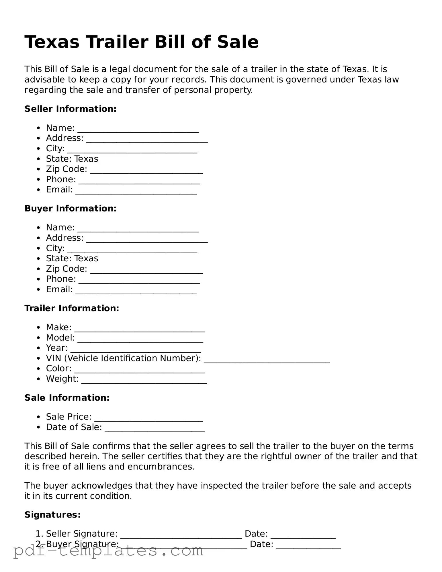 Official Trailer Bill of Sale Template for Texas State