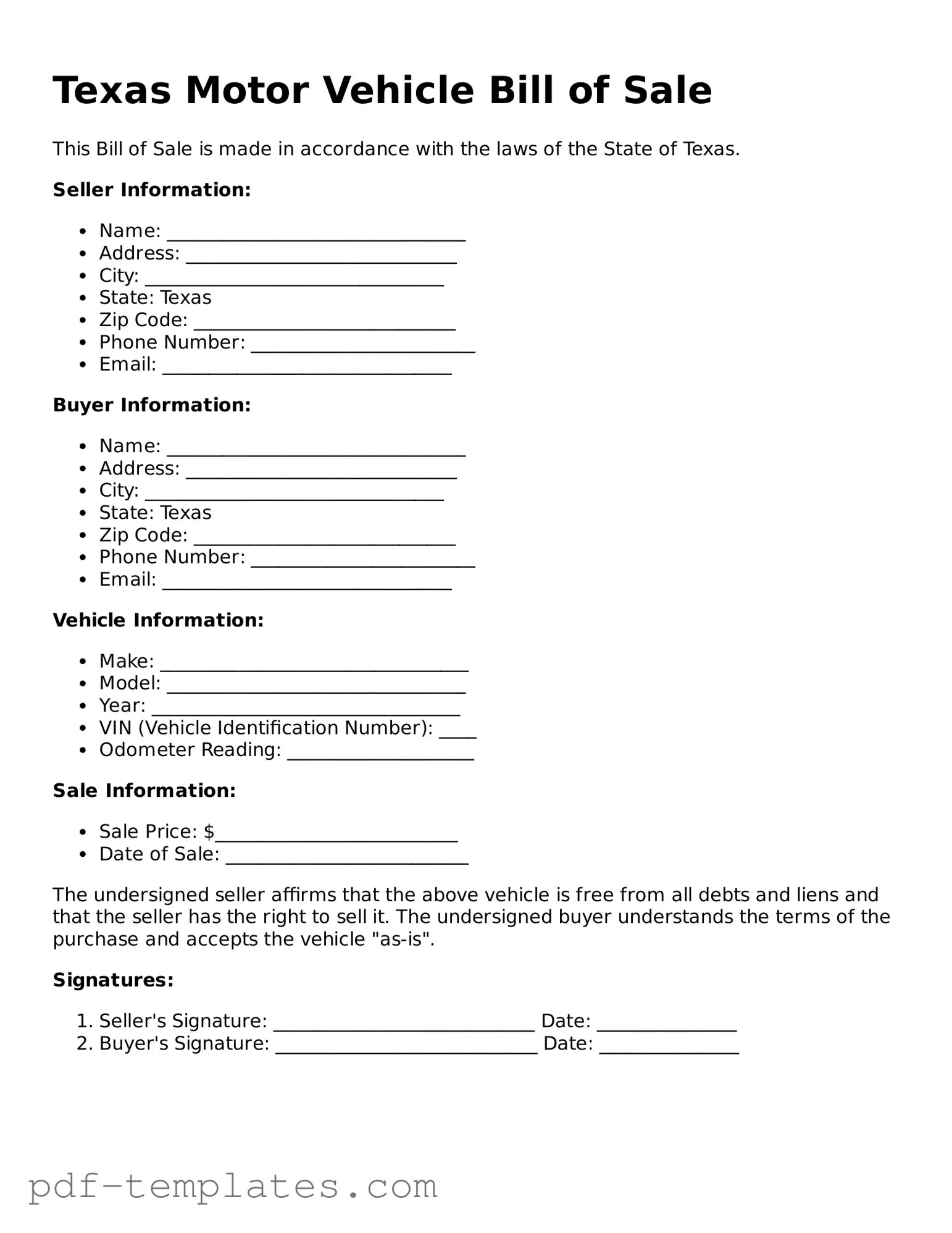 Official Motor Vehicle Bill of Sale Template for Texas State