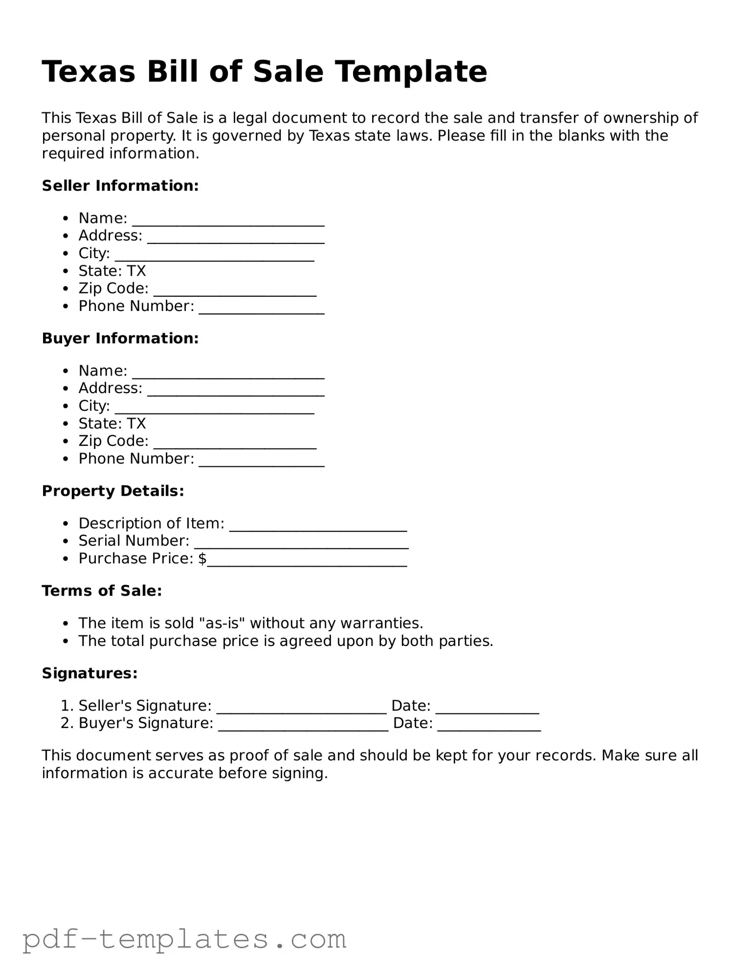 Official Bill of Sale Template for Texas State