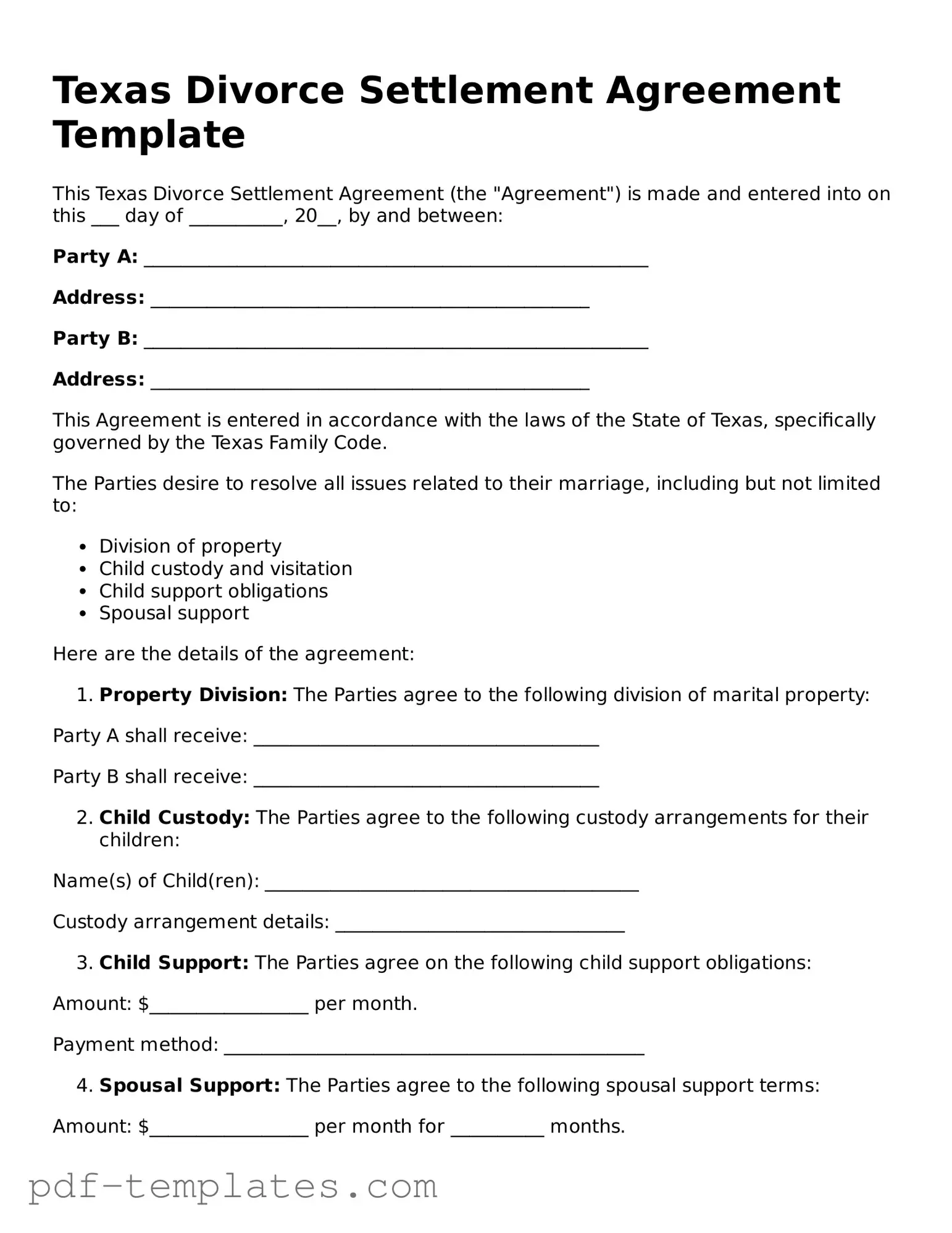 Official Divorce Settlement Agreement Template for Texas State