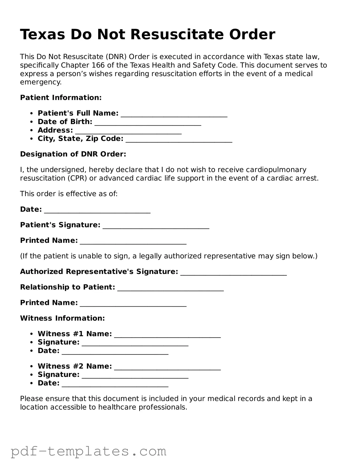 Official Do Not Resuscitate Order Template for Texas State