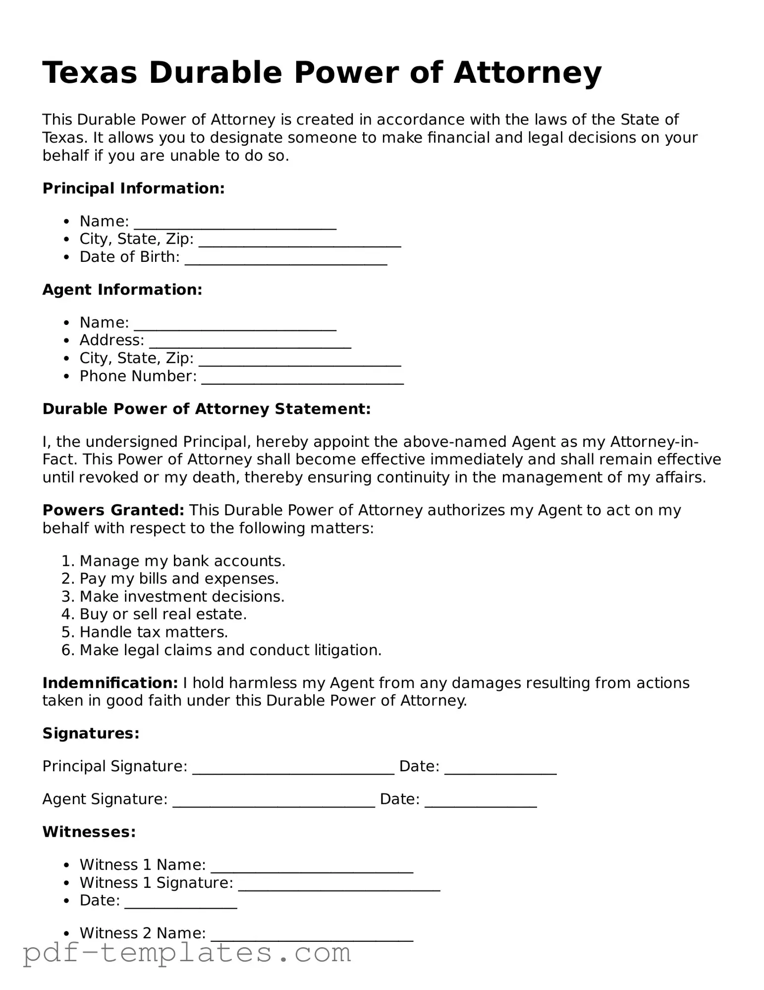 Official Durable Power of Attorney Template for Texas State