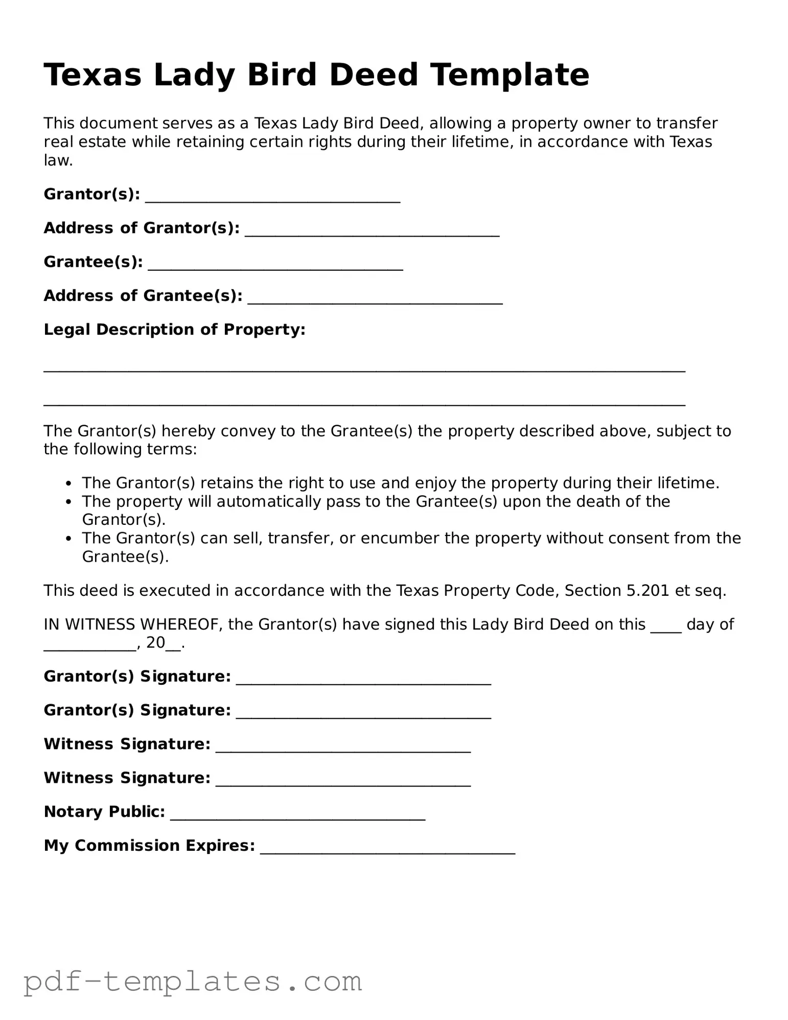 Official Lady Bird Deed Template for Texas State