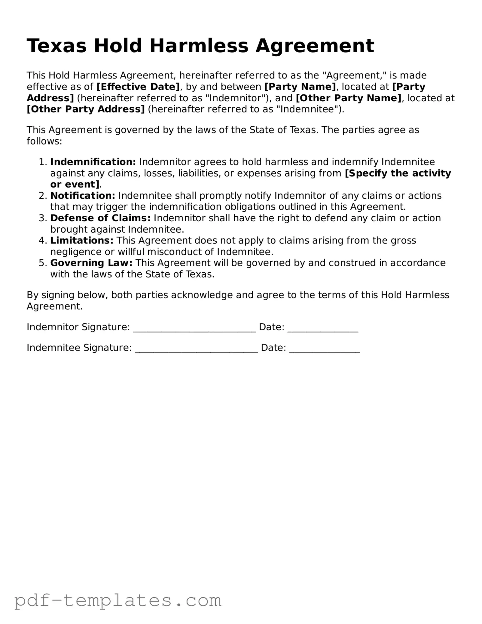 Official Hold Harmless Agreement Template for Texas State