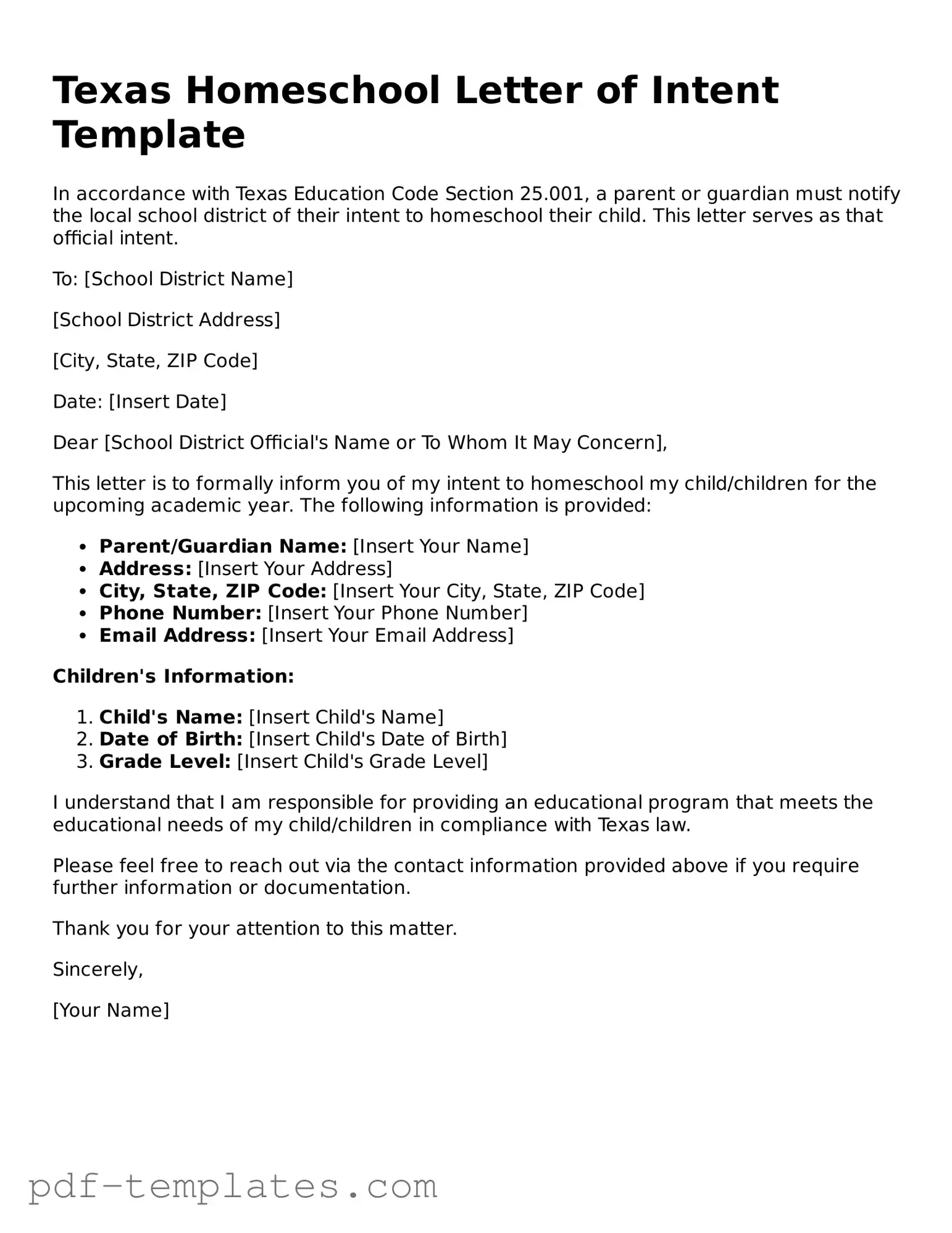 Official Homeschool Letter of Intent Template for Texas State