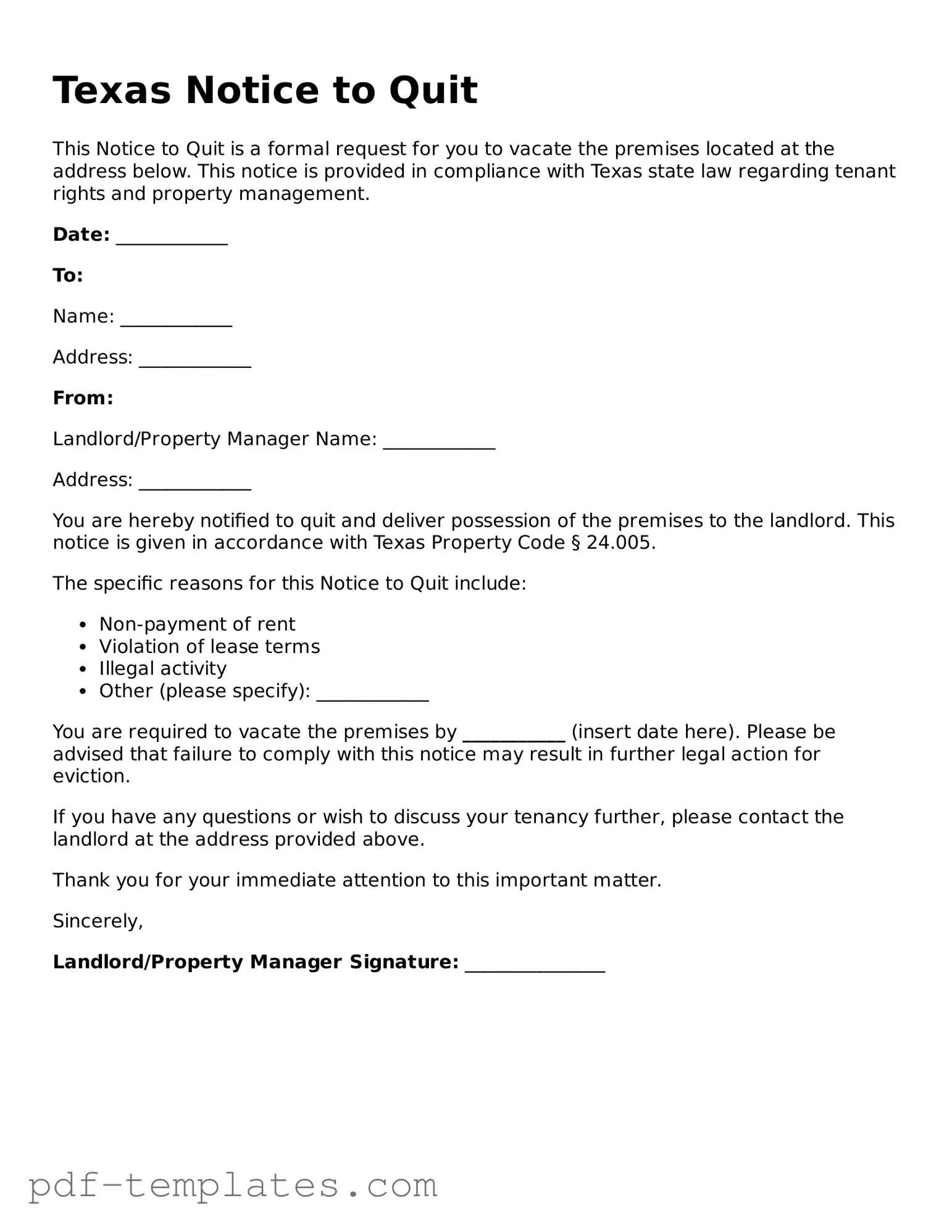 Official Notice to Quit Template for Texas State