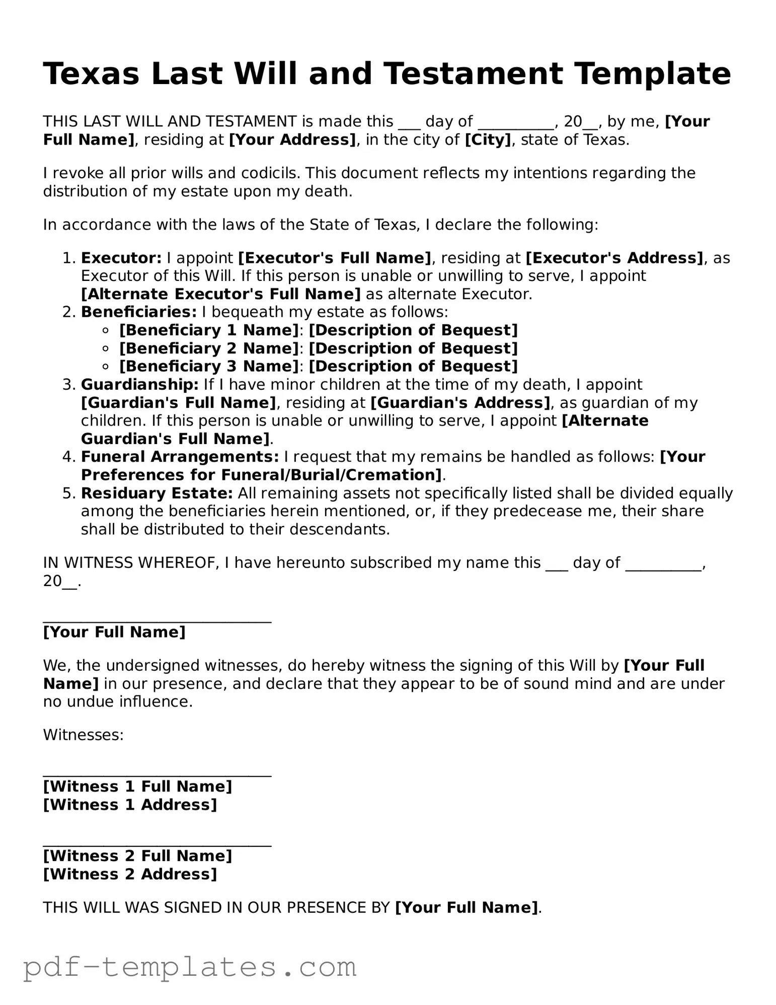 Official Last Will and Testament Template for Texas State