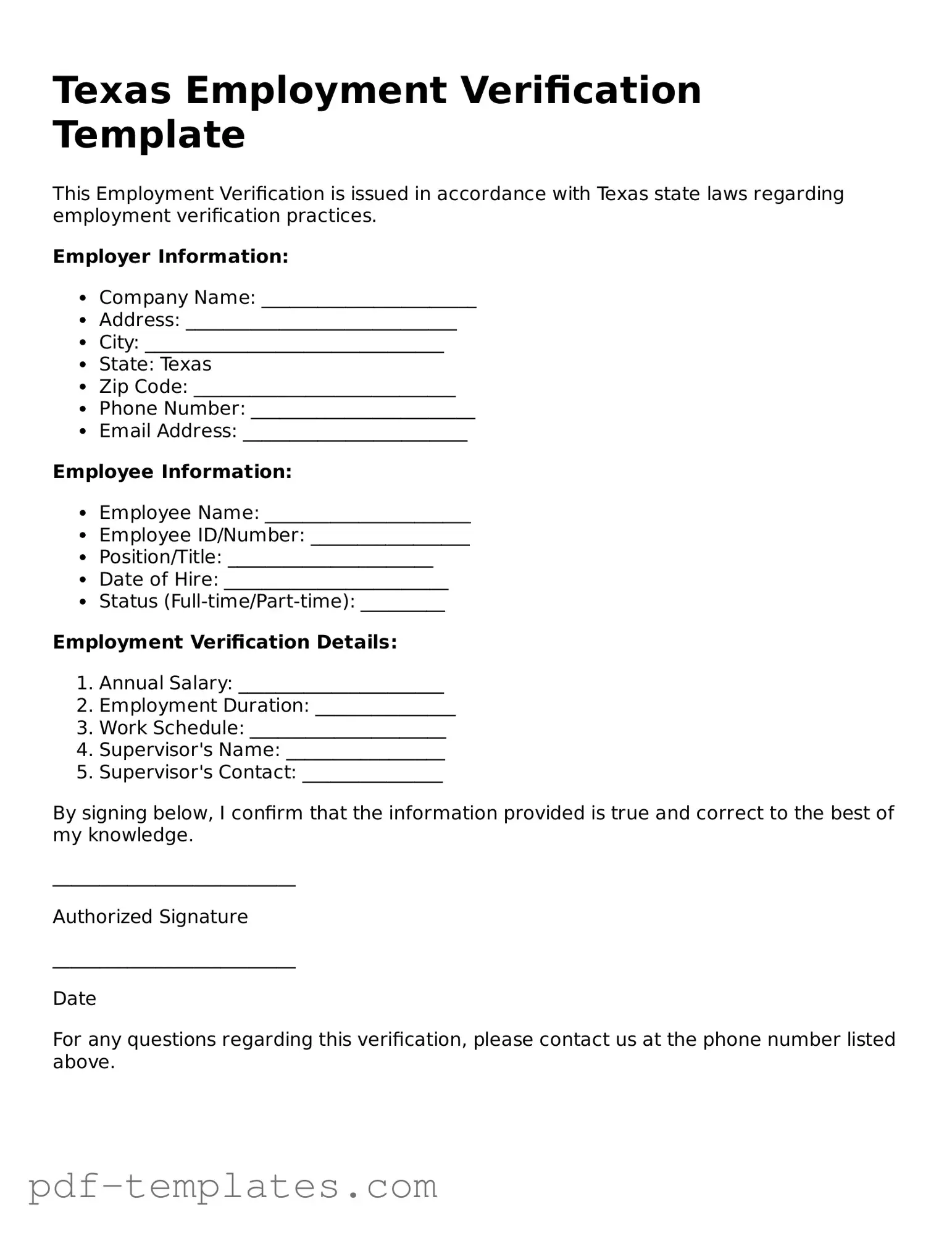 Official Employment Verification Template for Texas State