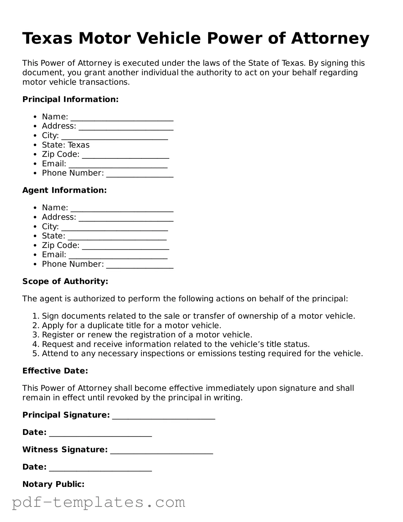 Official Motor Vehicle Power of Attorney Template for Texas State