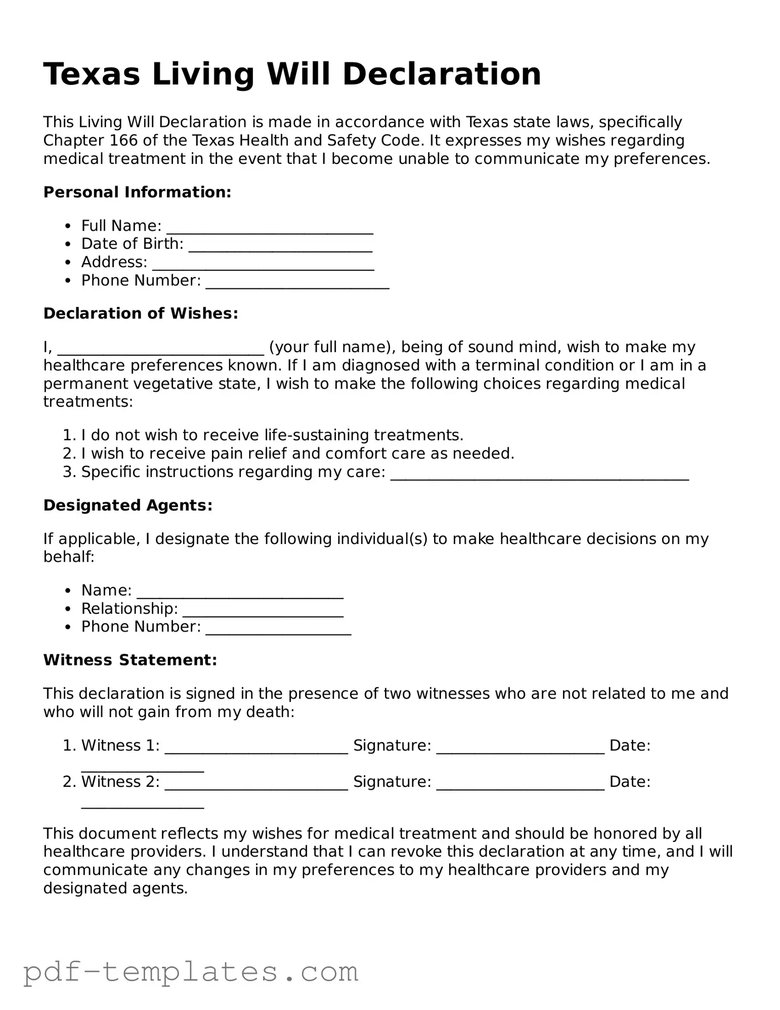 Official Living Will Template for Texas State