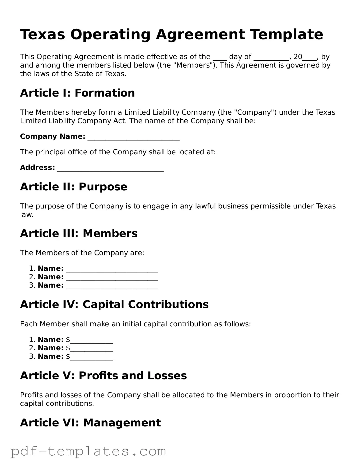Official Operating Agreement Template for Texas State