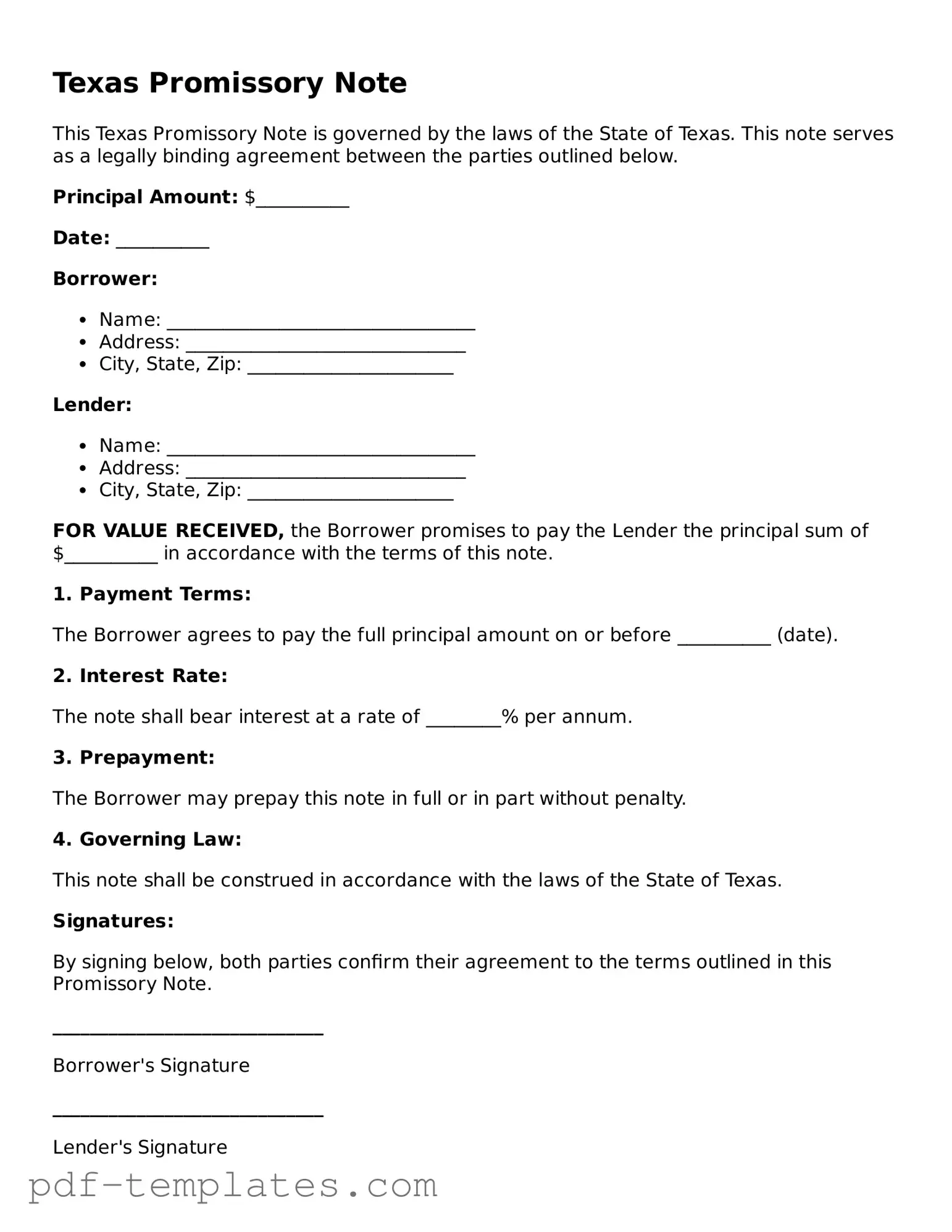 Official Promissory Note Template for Texas State