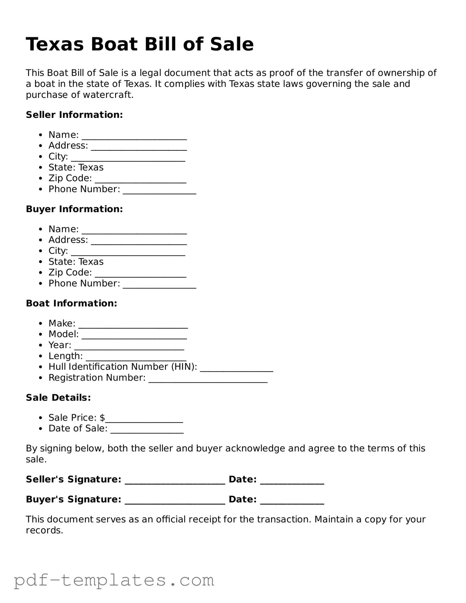 Official Boat Bill of Sale Template for Texas State
