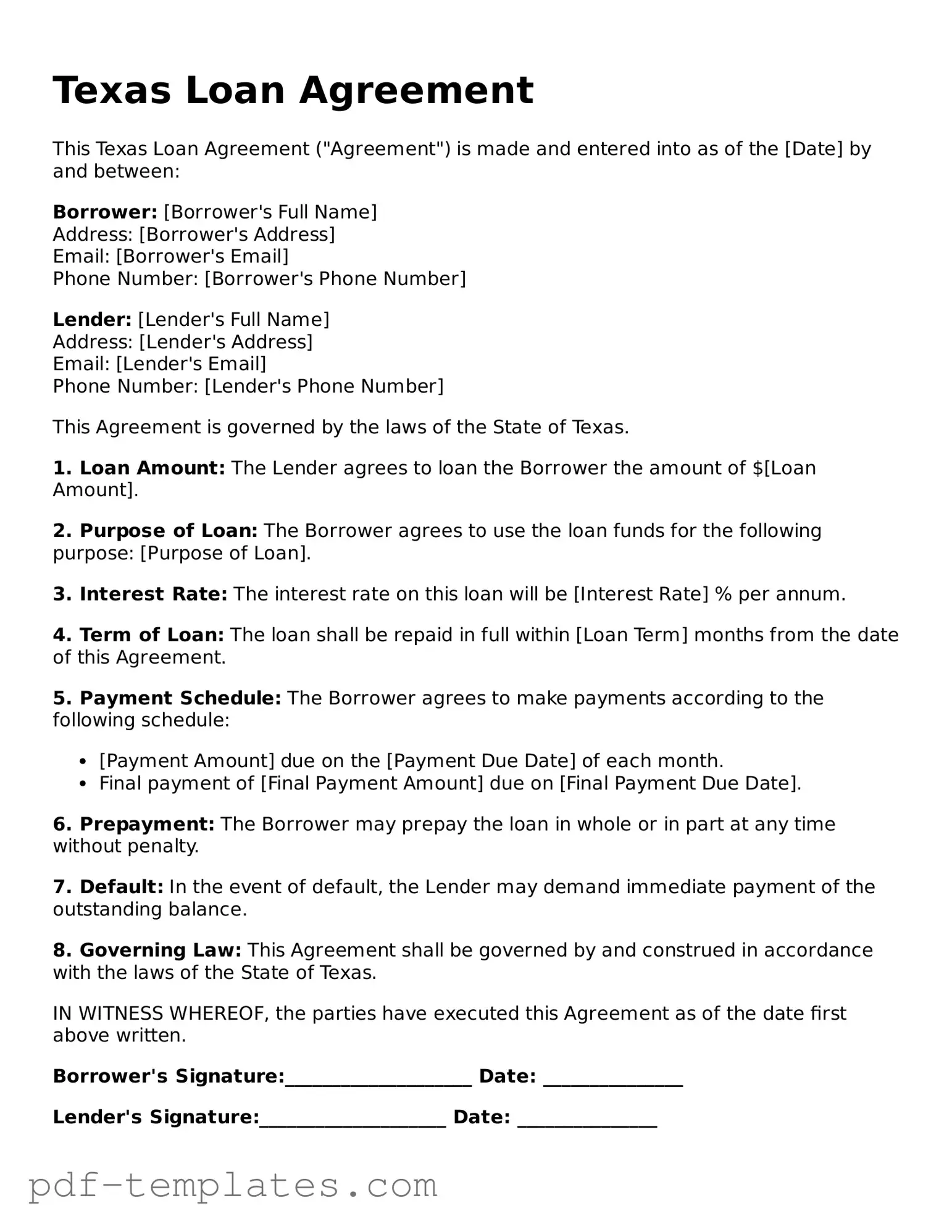 Official Loan Agreement Template for Texas State