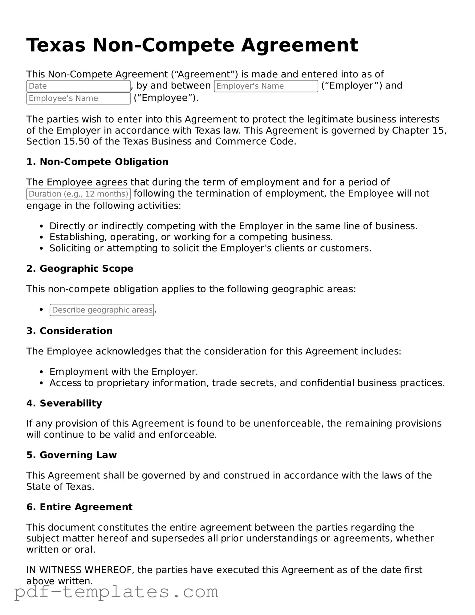 Official Non-compete Agreement Template for Texas State