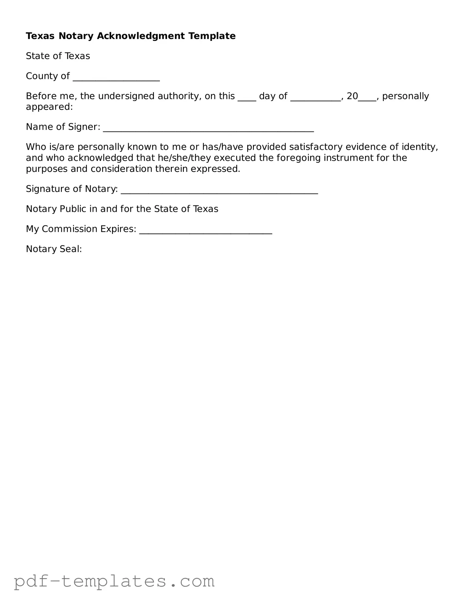 Official Notary Acknowledgement Template for Texas State