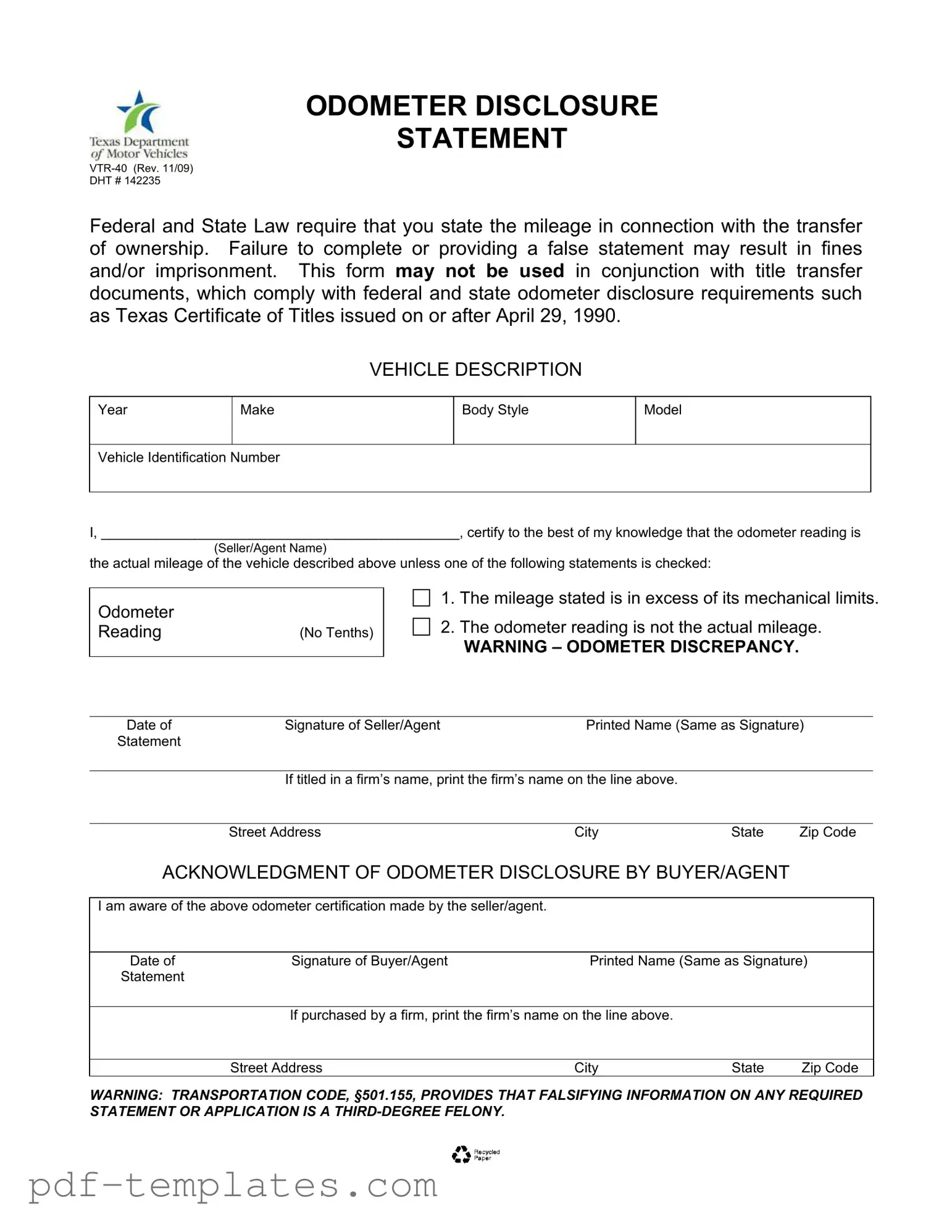 Get Texas Odometer Statement Form in PDF