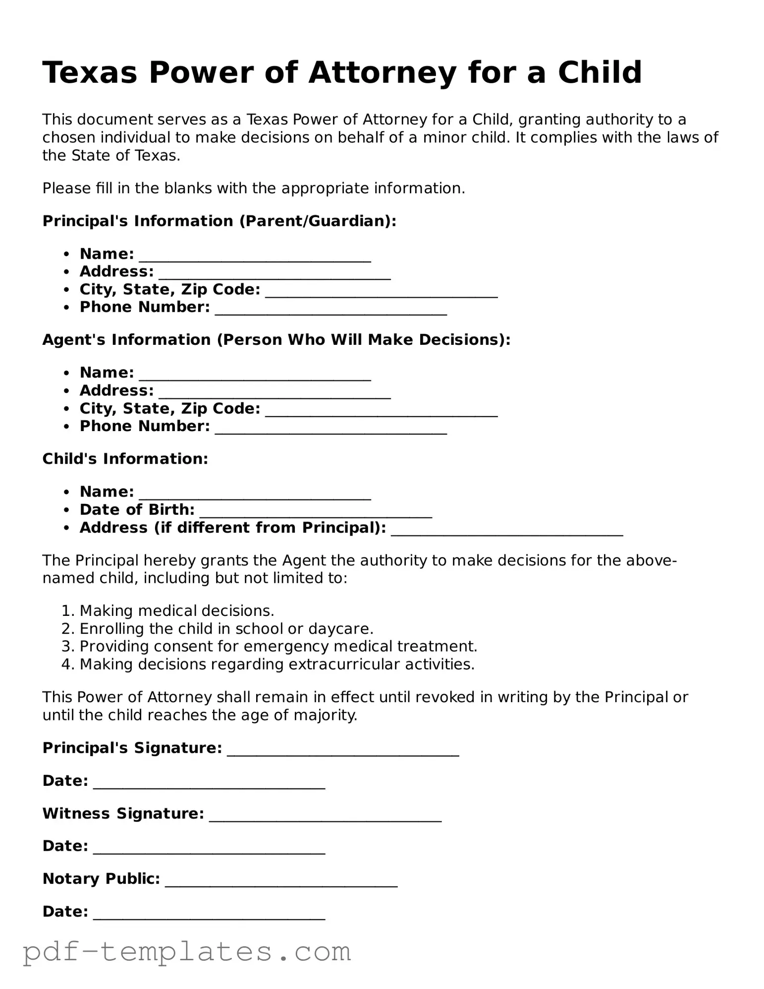 Official Power of Attorney for a Child Template for Texas State