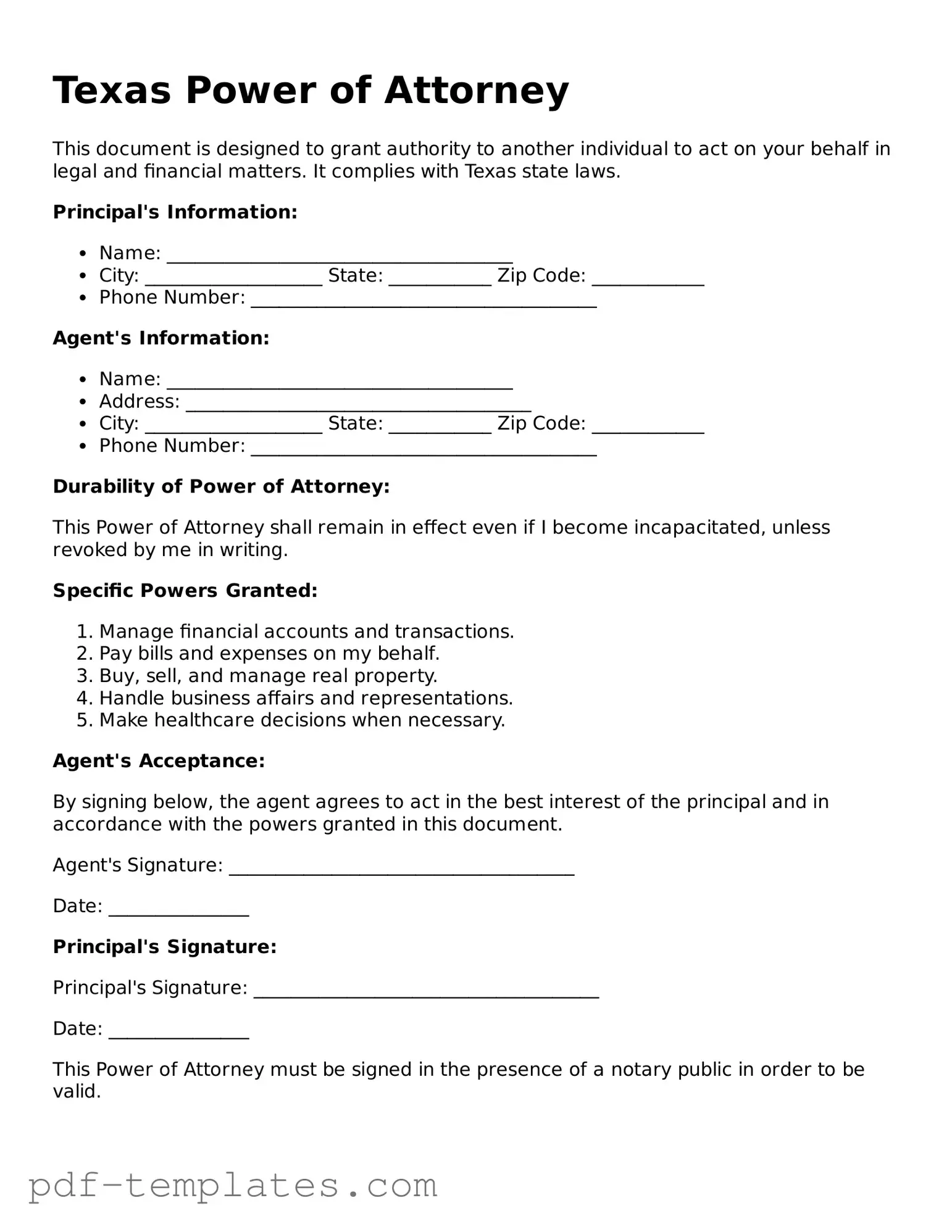 Official Power of Attorney Template for Texas State
