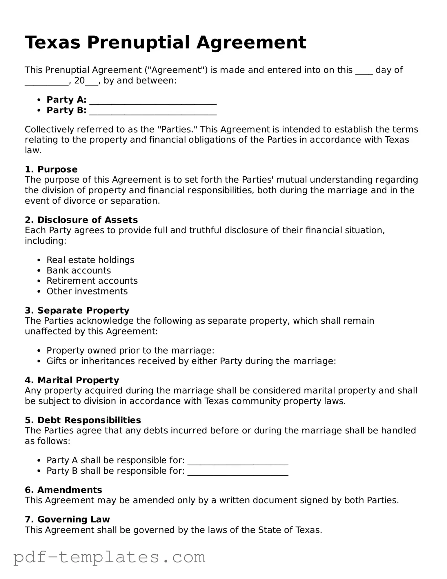 Official Prenuptial Agreement Template for Texas State