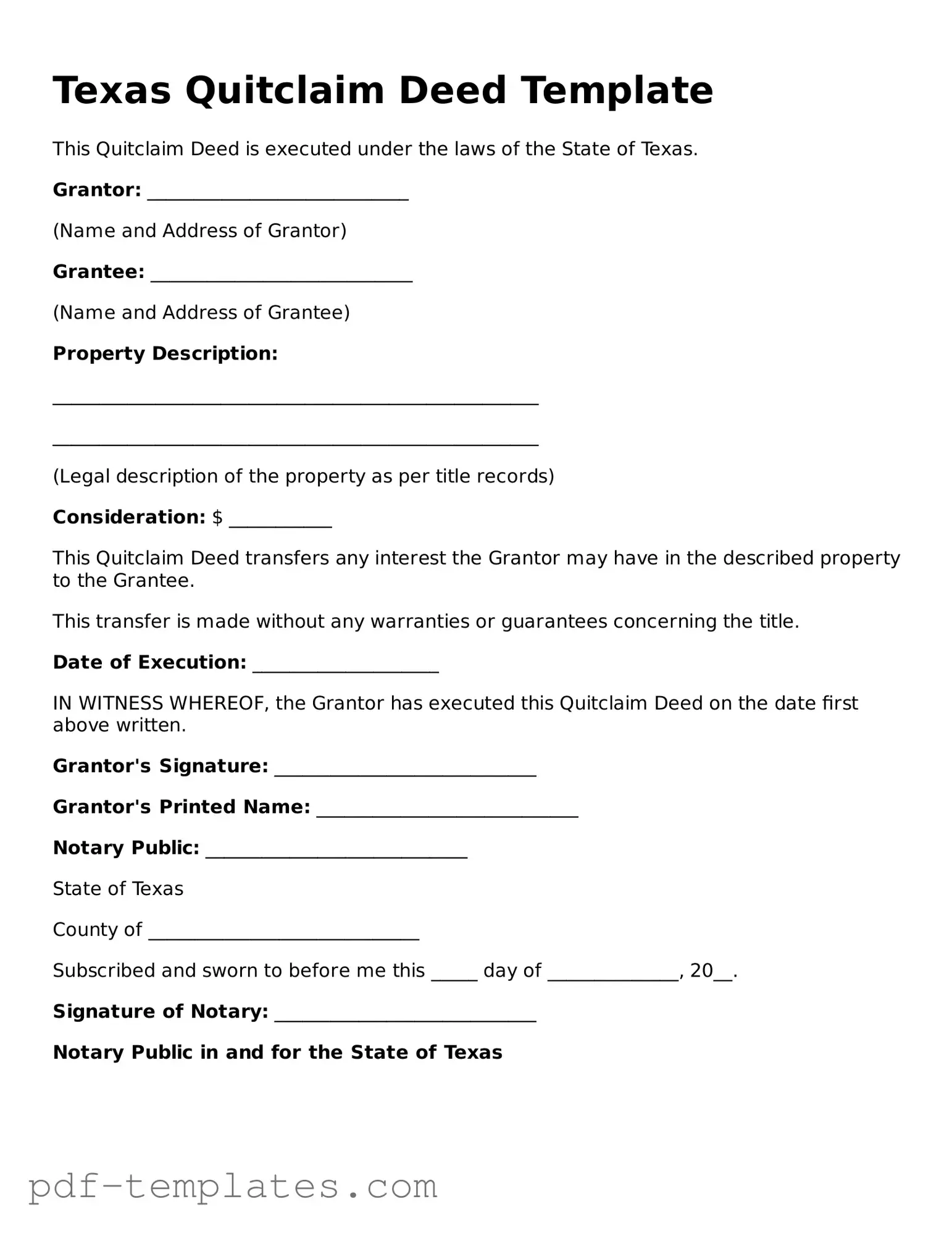 Official Quitclaim Deed Template for Texas State