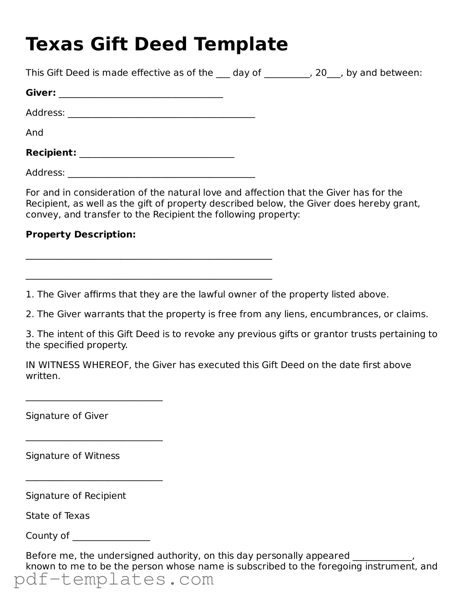 Official Gift Deed Template for Texas State