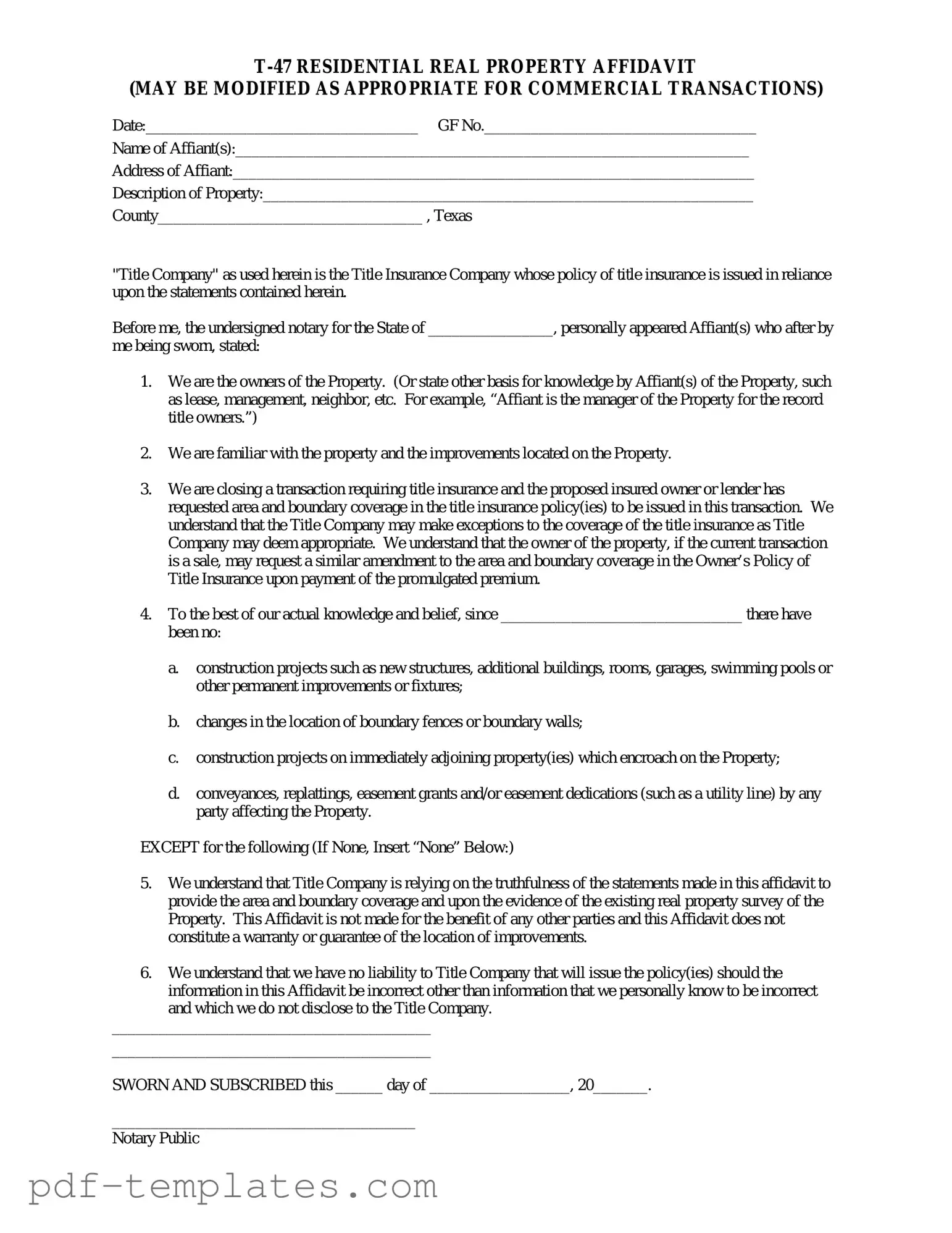 Get Texas residential property affidavit T-47 Form in PDF