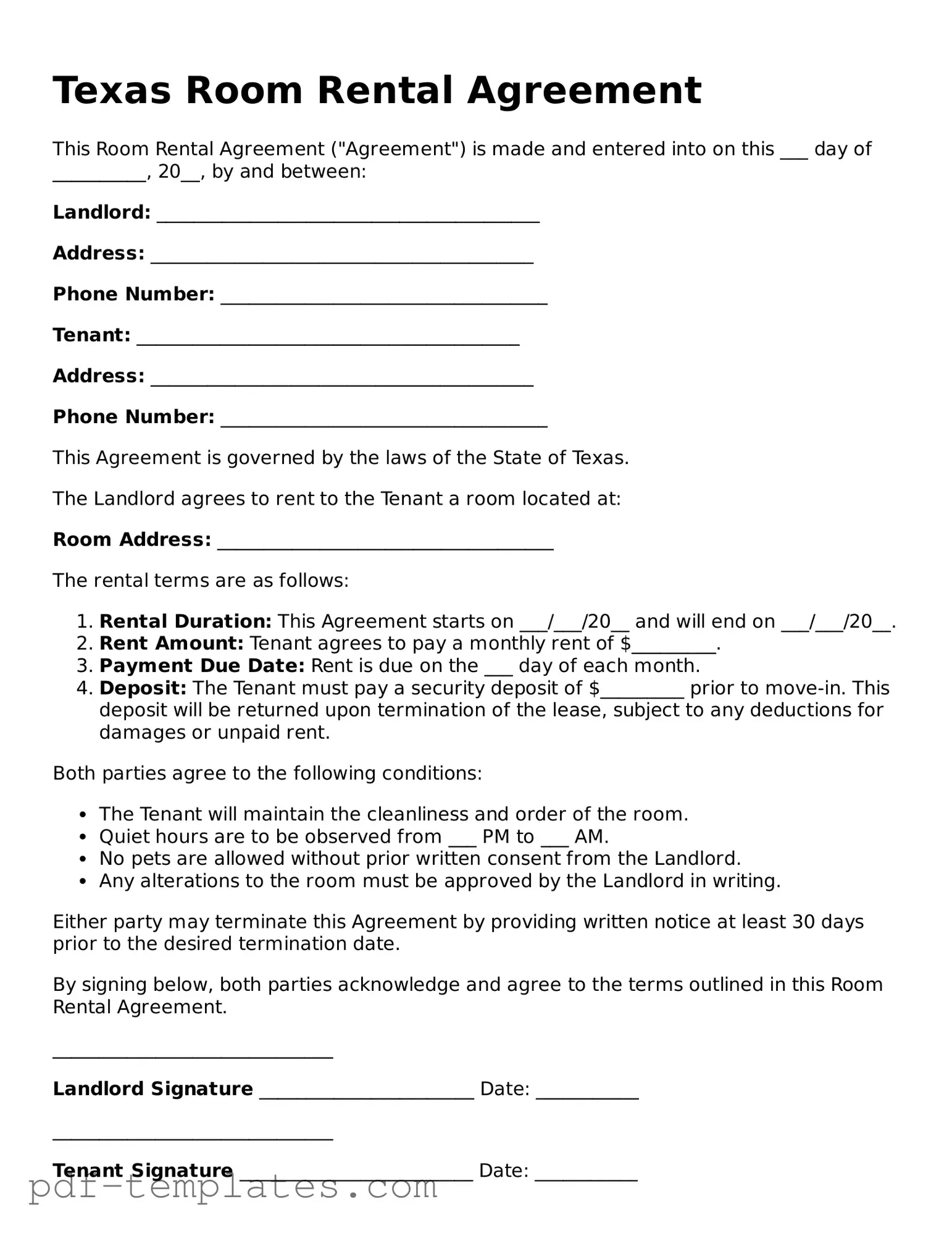 Official Room Rental Agreement Template for Texas State