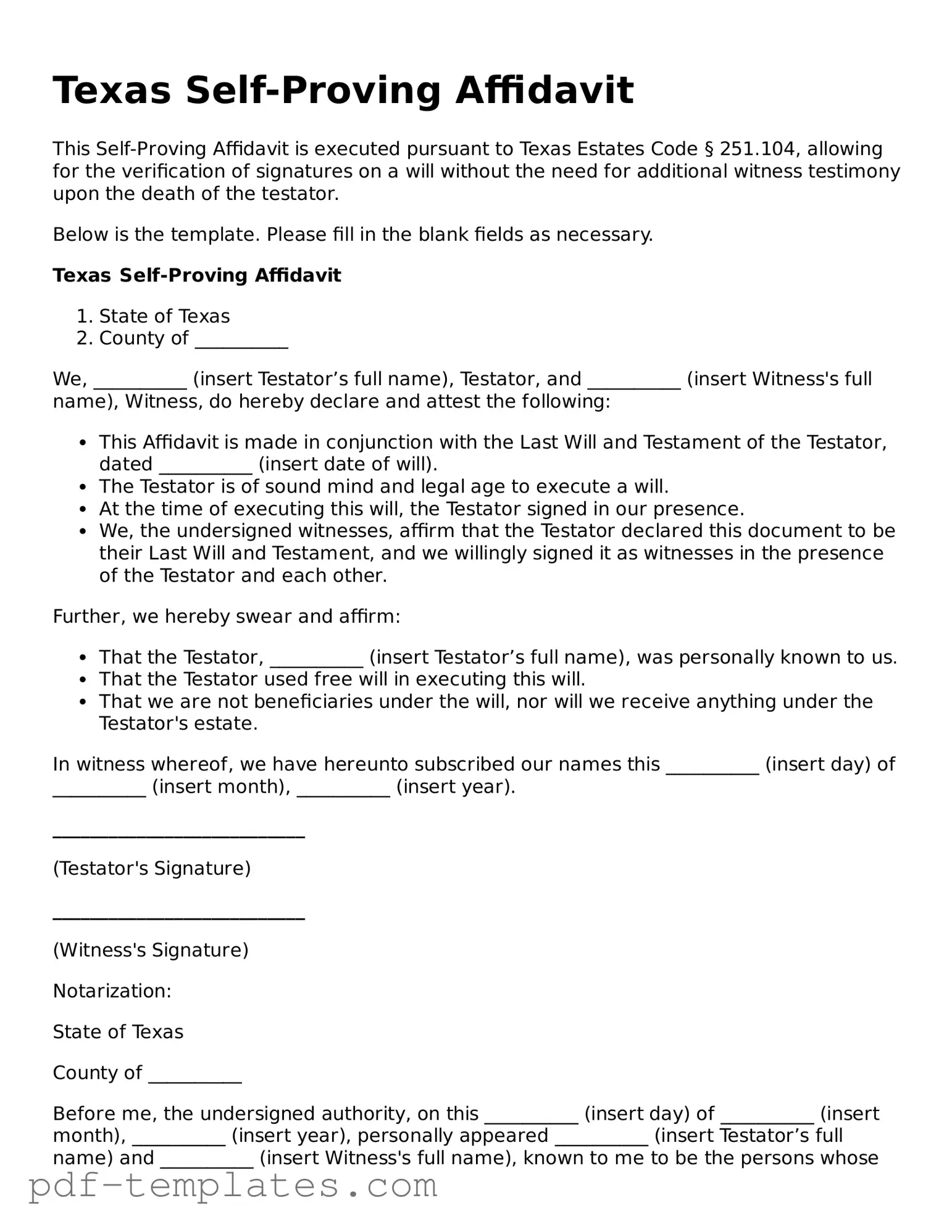 Official Self-Proving Affidavit Template for Texas State