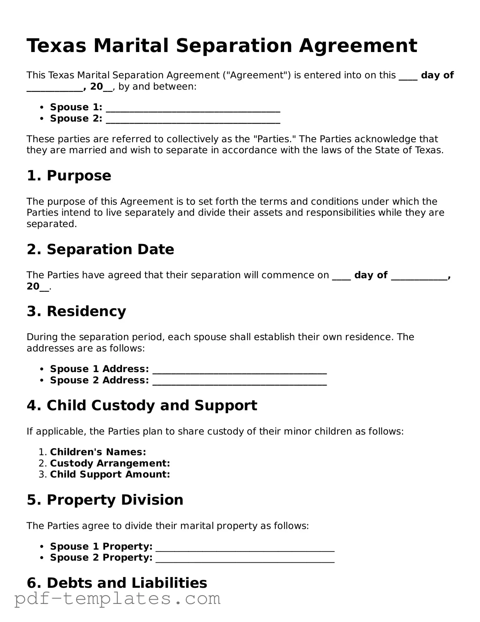 Official Marital Separation Agreement Template for Texas State
