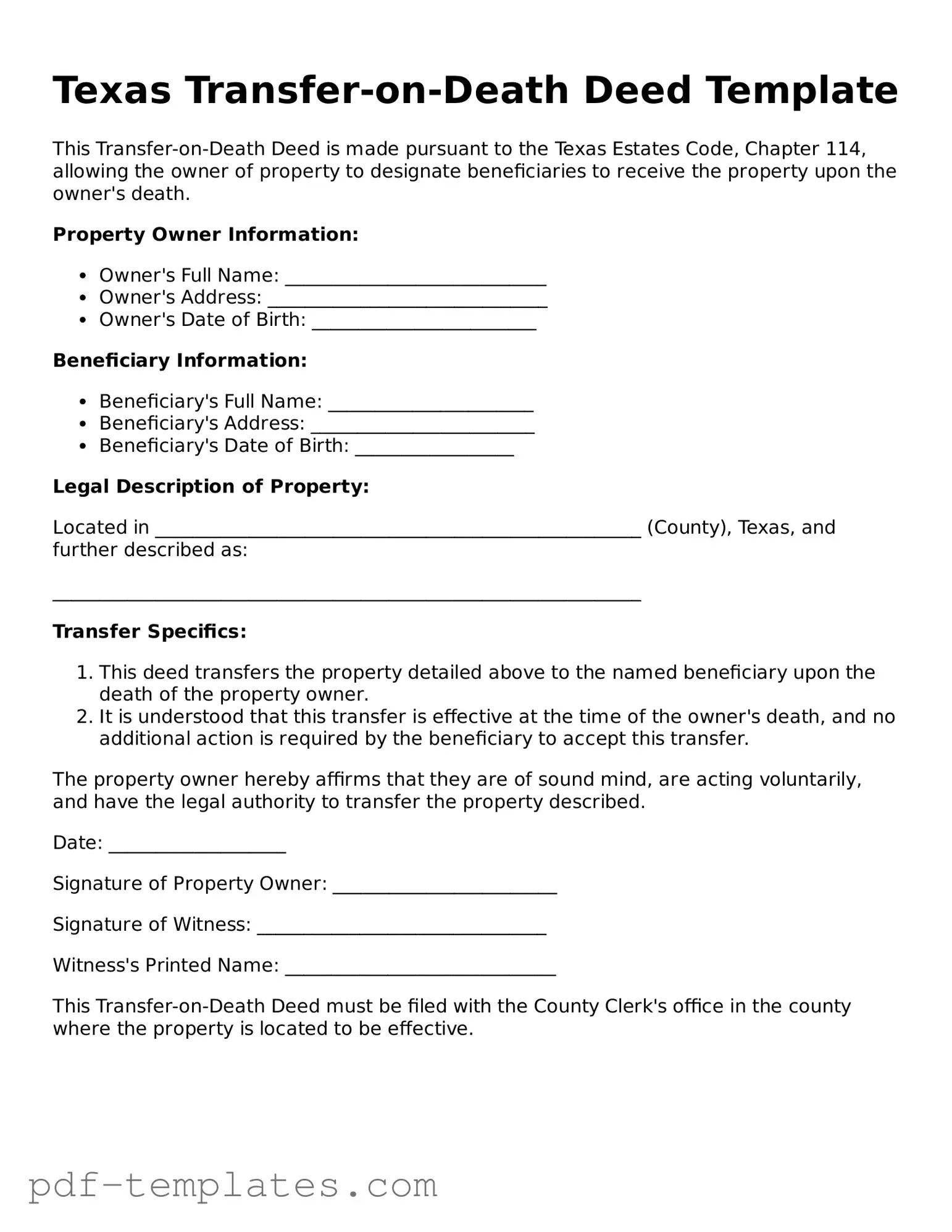 Official Transfer-on-Death Deed Template for Texas State