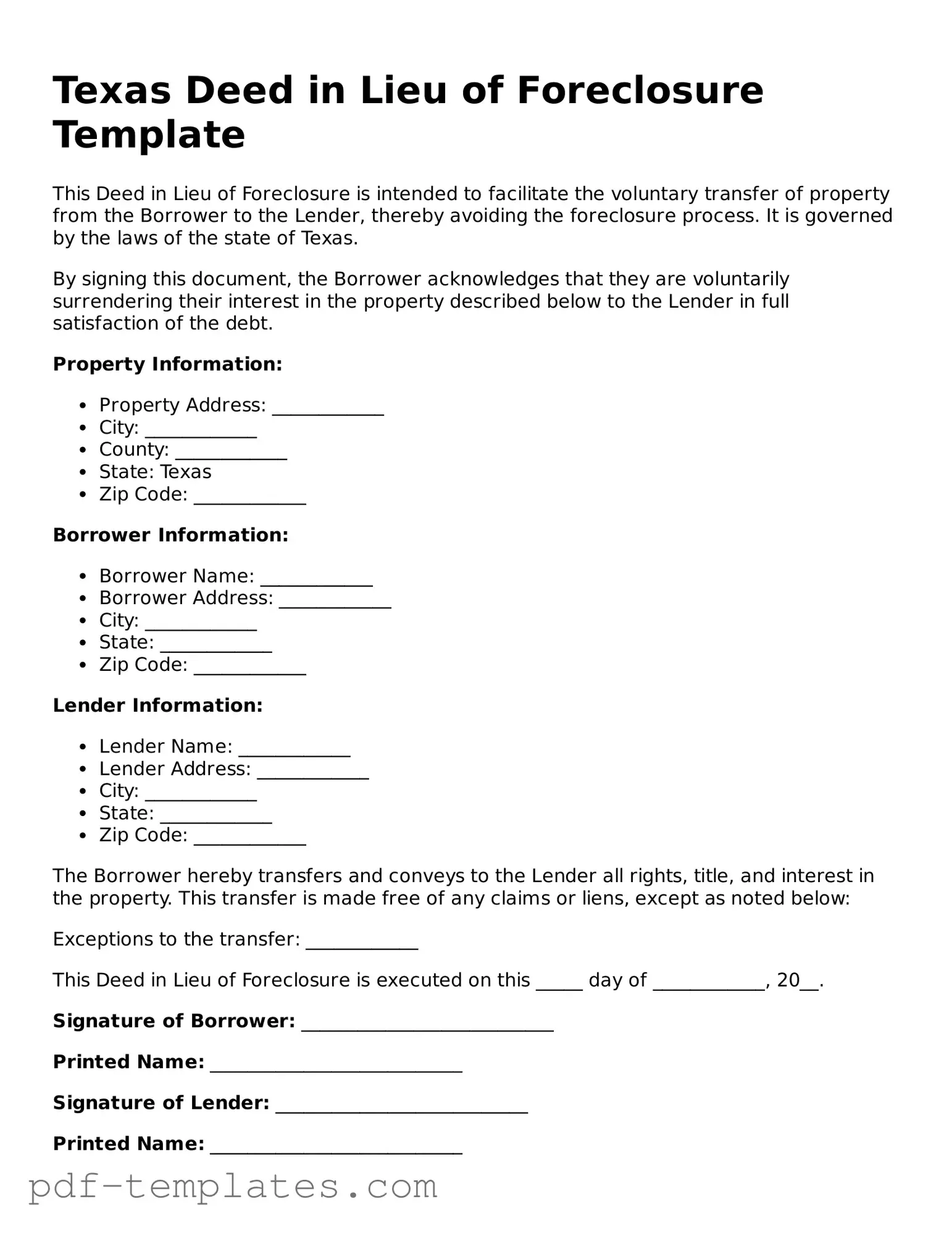 Official Deed in Lieu of Foreclosure Template for Texas State
