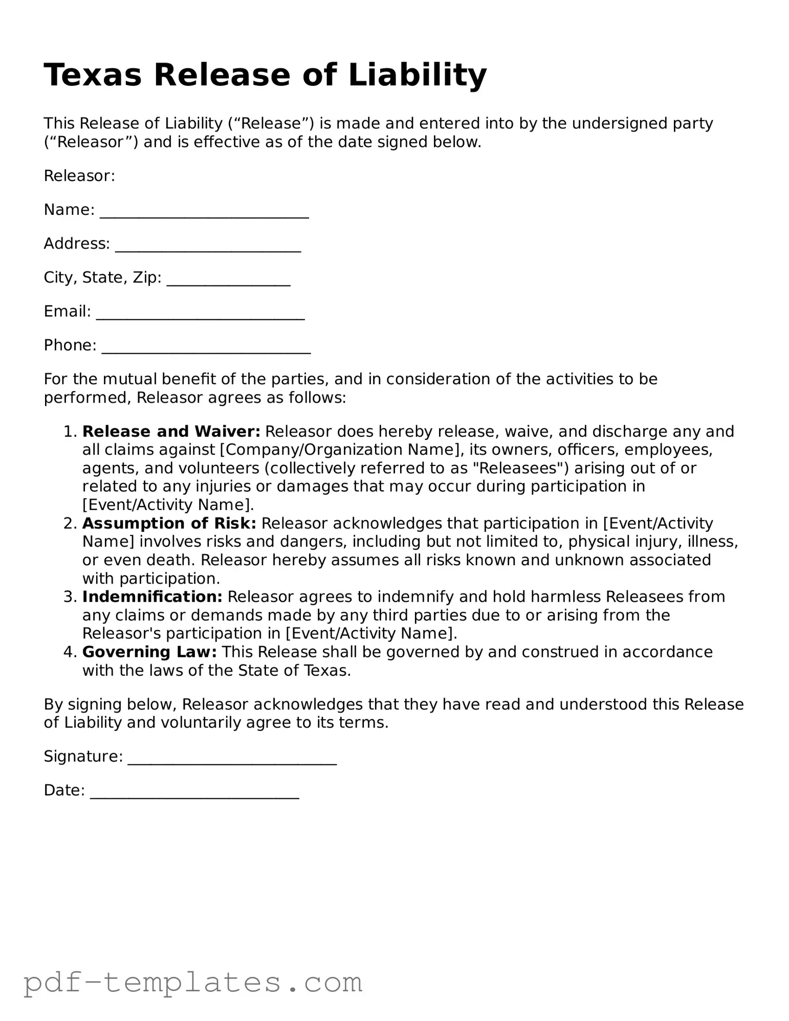 Official Release of Liability Template for Texas State