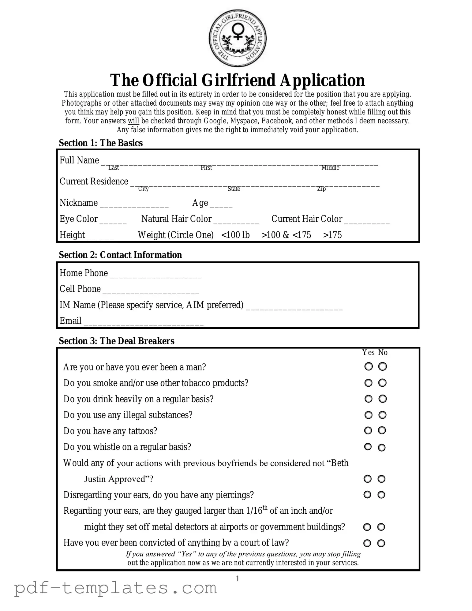 Get Girlfriend Application Form in PDF
