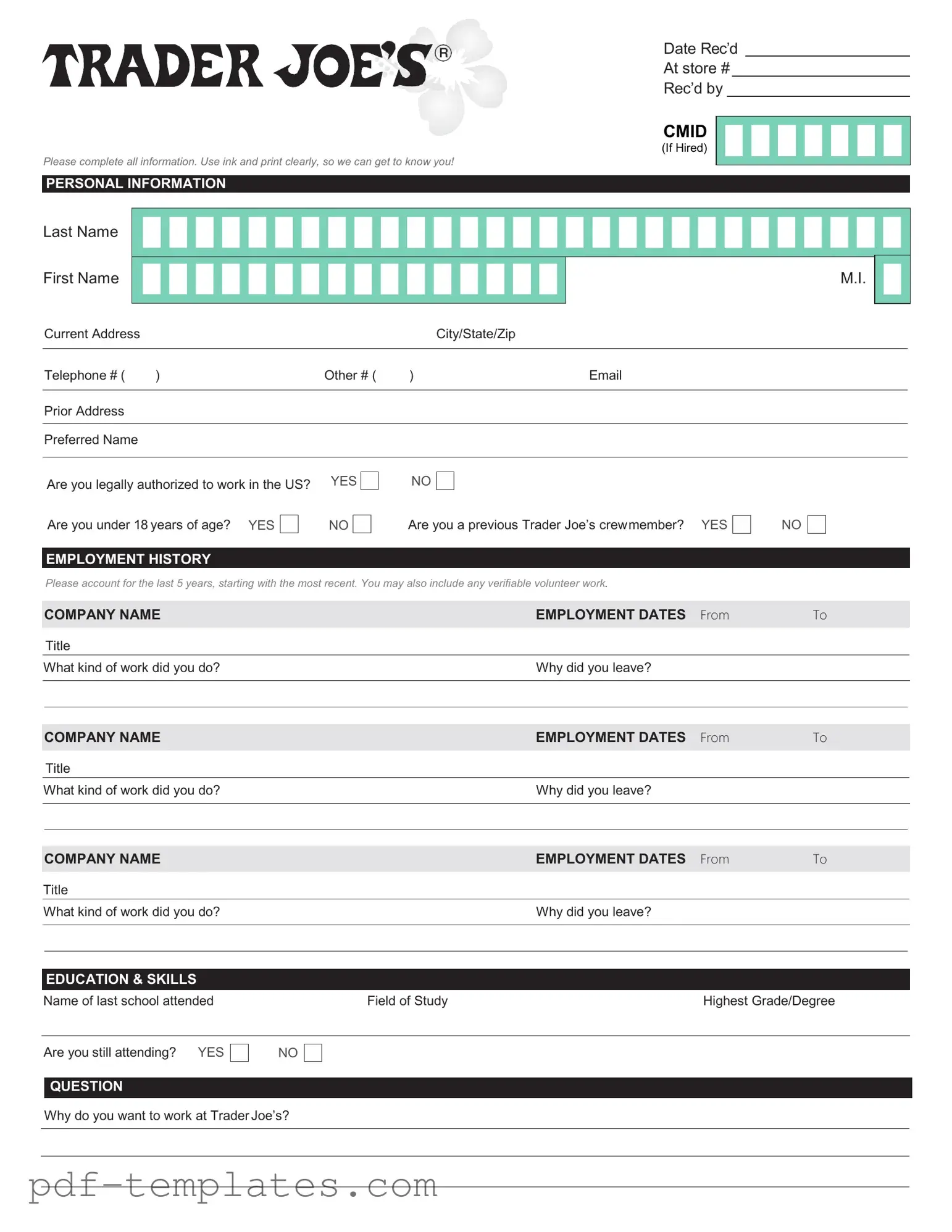 Get Trader Joe's application Form in PDF